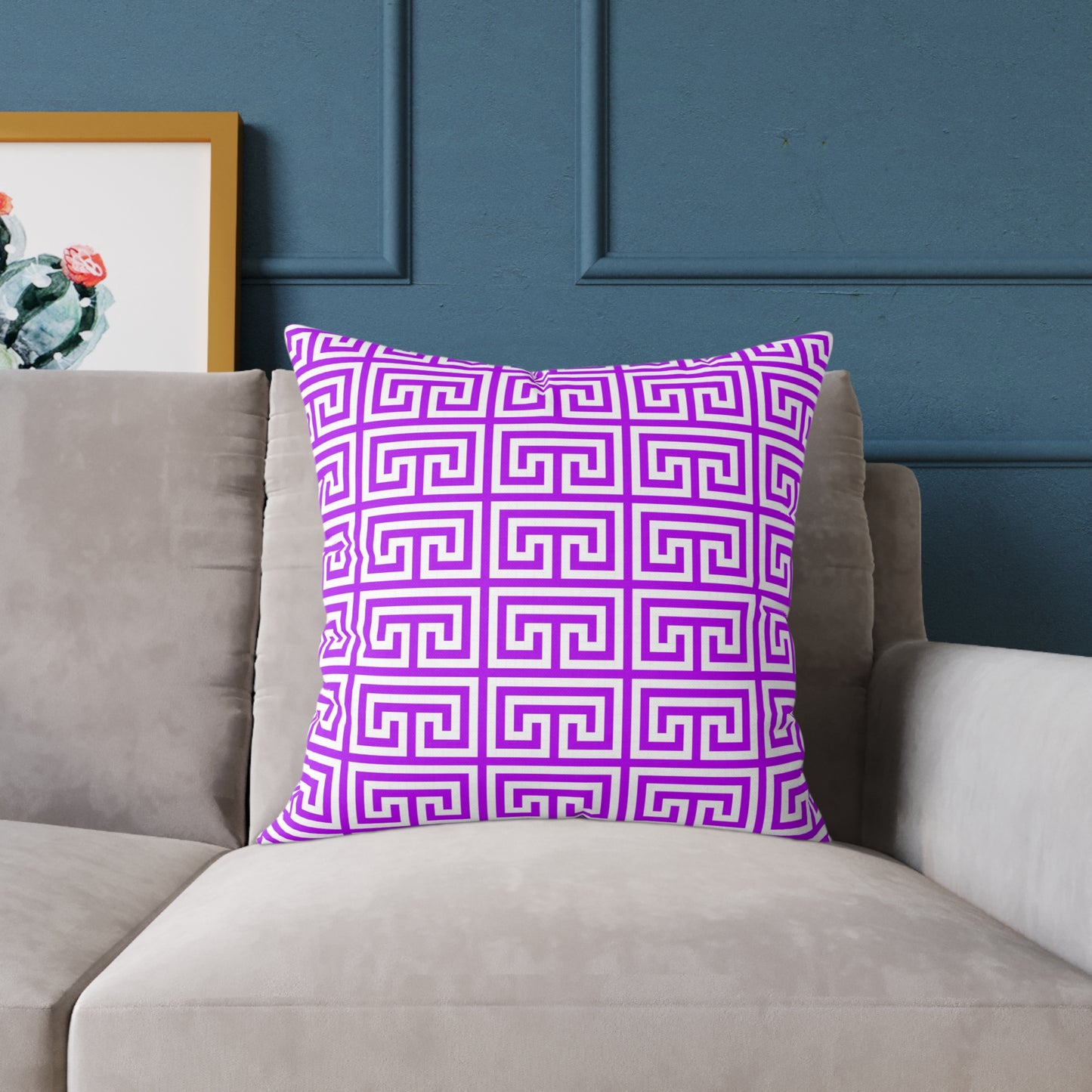 Geometric Purple White Greek Key Pattern Pillow | Square Poly Canvas Pillow