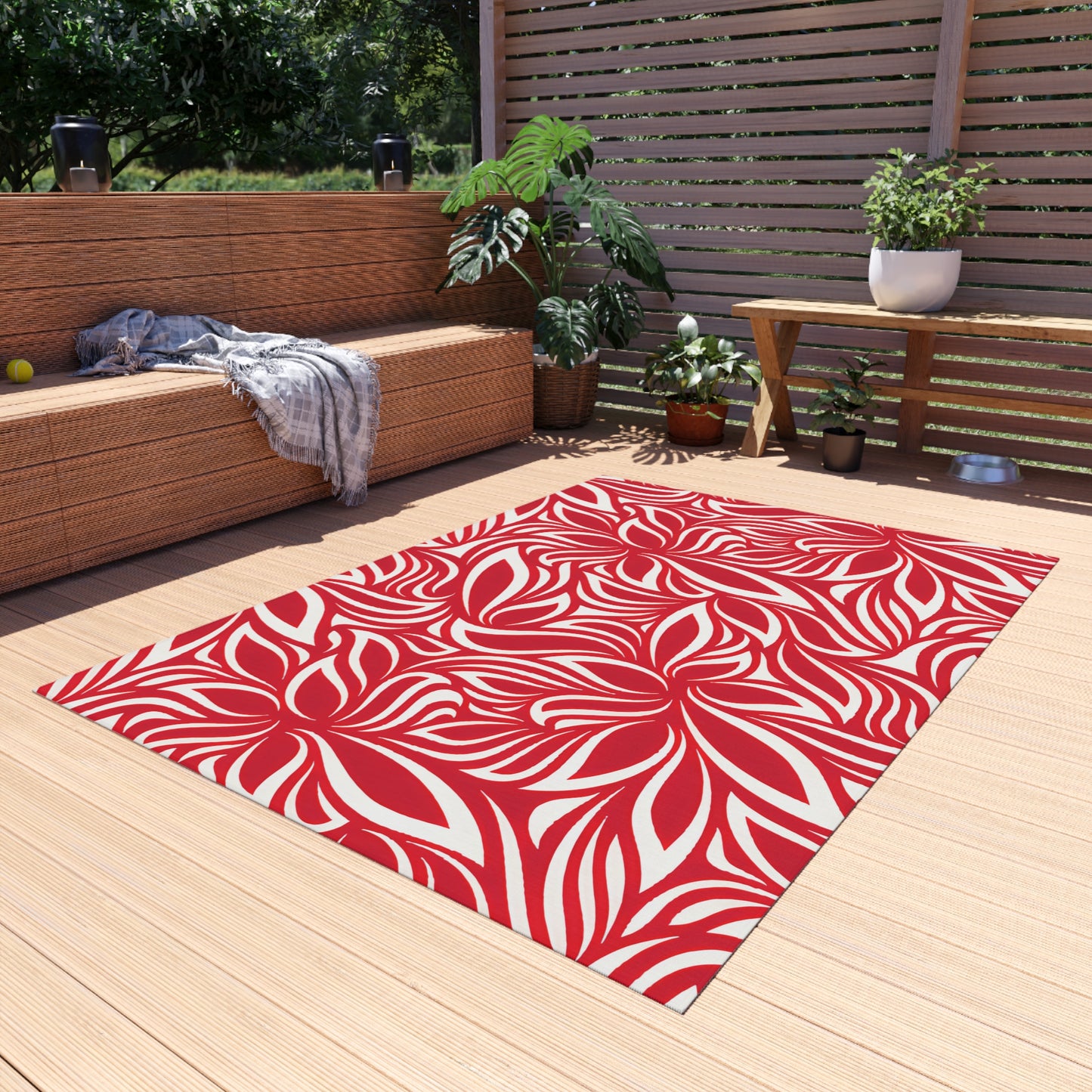 Red White Tropical Leaf Pattern Outdoor/Indoor Rug | Patio Mat