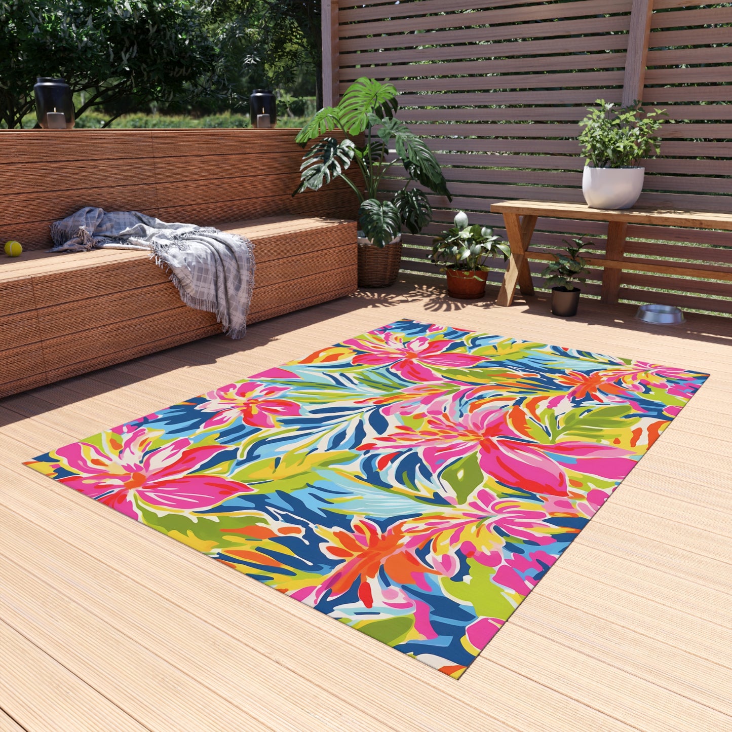 Tropical Floral Pattern Indoor/Outdoor Rug | Bright Hibiscus Beach Mat