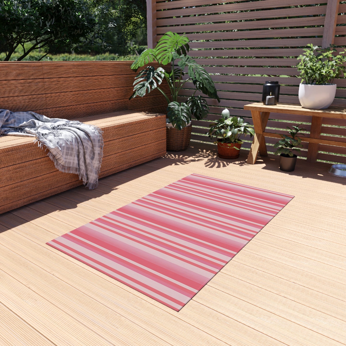 Medium Pink Light Pink Stripe Pattern Outdoor/Indoor Rug | Patio Mat, Water-Resistant Deck Rug