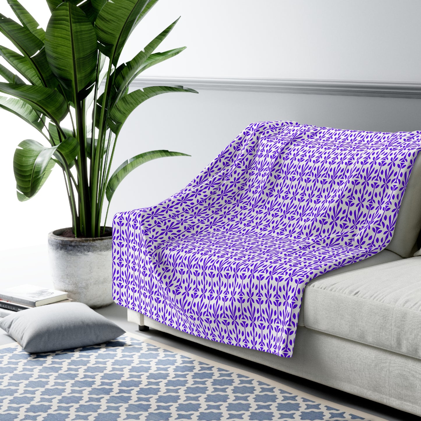 Purple Floral Tile Sherpa Blanket | Reversible Fleece Throw,  Perfect Gift for Home Decor, Living Room Throw, Soft Blanket for All