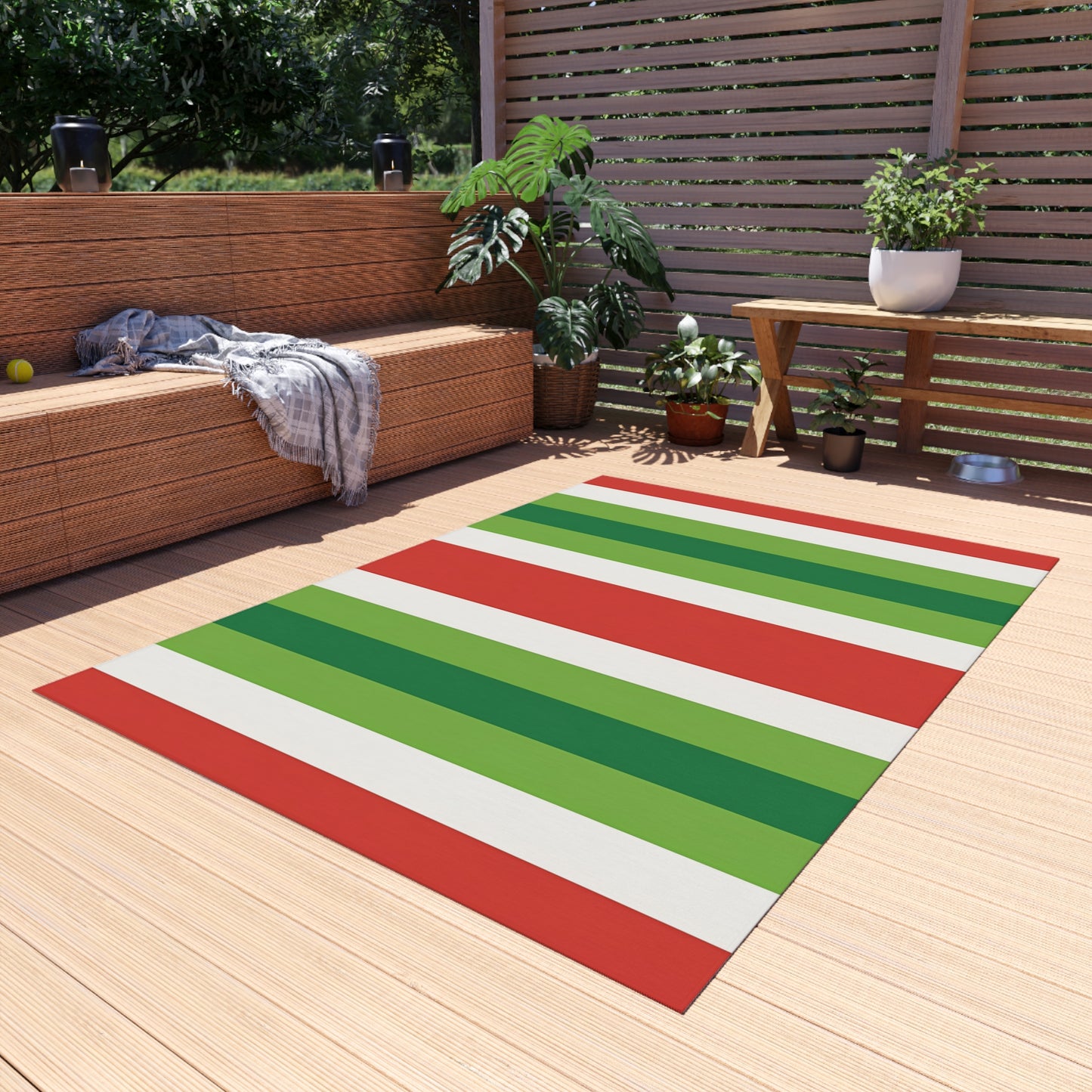 Red White Green Stripe Outdoor Rug | Patio Deck Mat