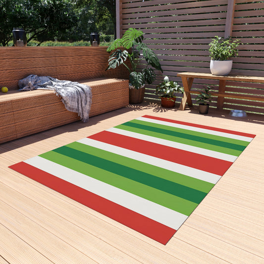 Red White Green Stripe Outdoor Rug | Patio Deck Mat