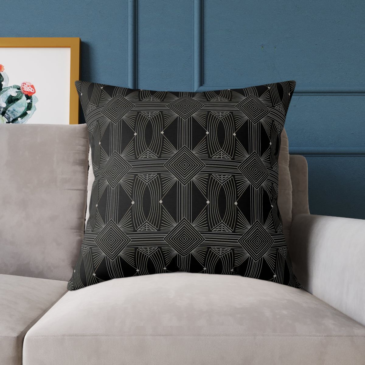 Geometric Black Tile Pattern Square Poly Canvas Pillow | Modern Decorative Throw