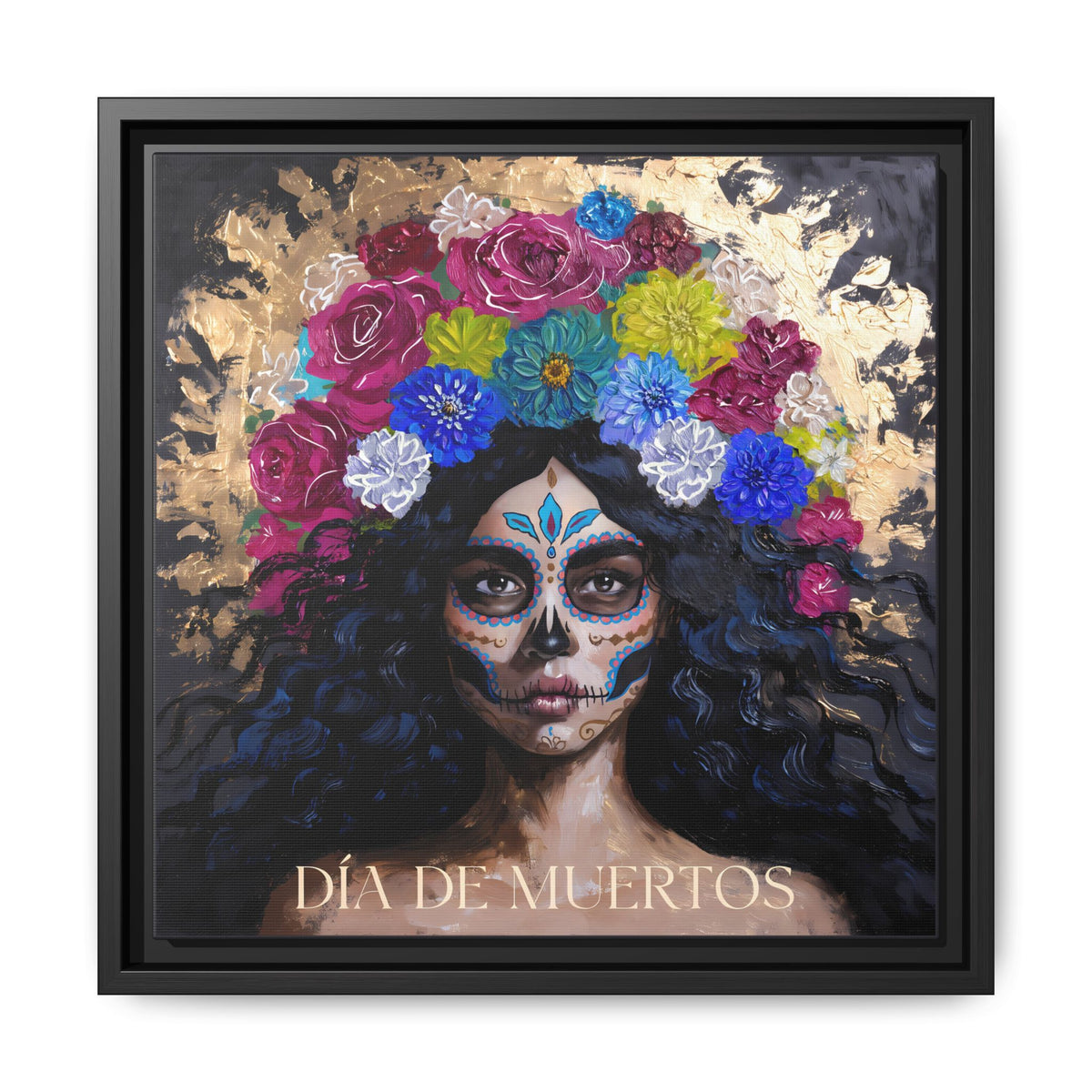 Día de Muertos Sugar Skull Woman Matte Canvas Framed | Floral Headdress Wall Art