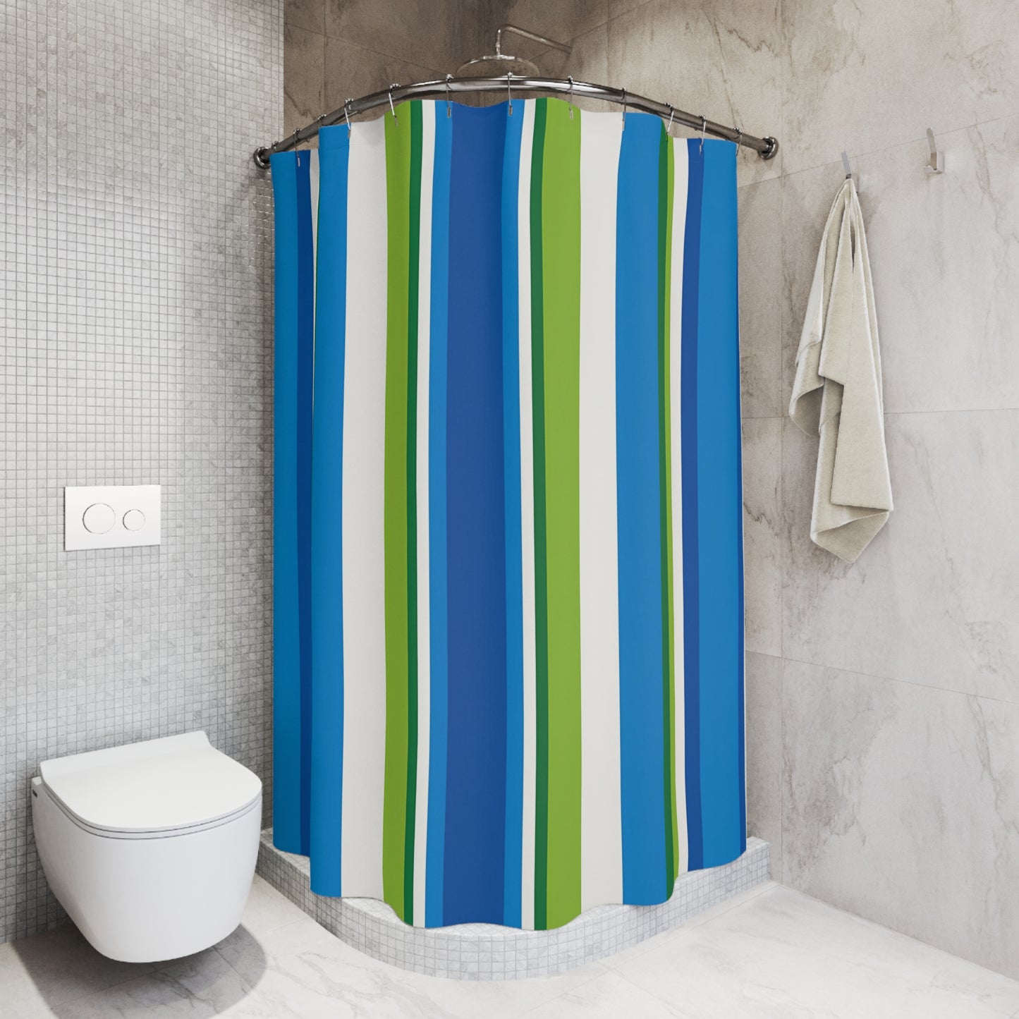 Blue Green Striped Shower Curtain | Coastal Bathroom Stripe Pattern