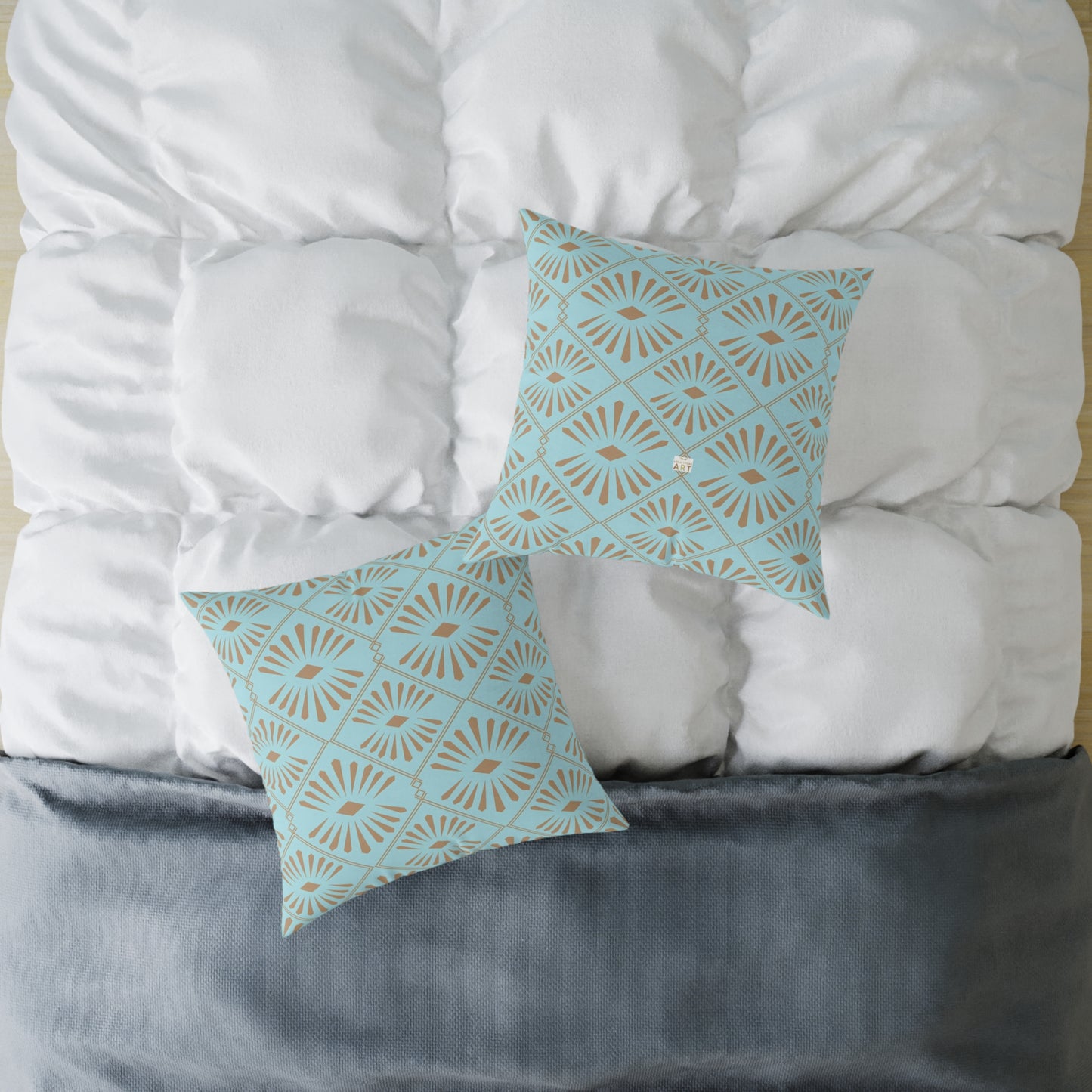 Dark Gold Geometric Fan Pattern Square Poly Canvas Pillow | Turquoise Throw Pillow