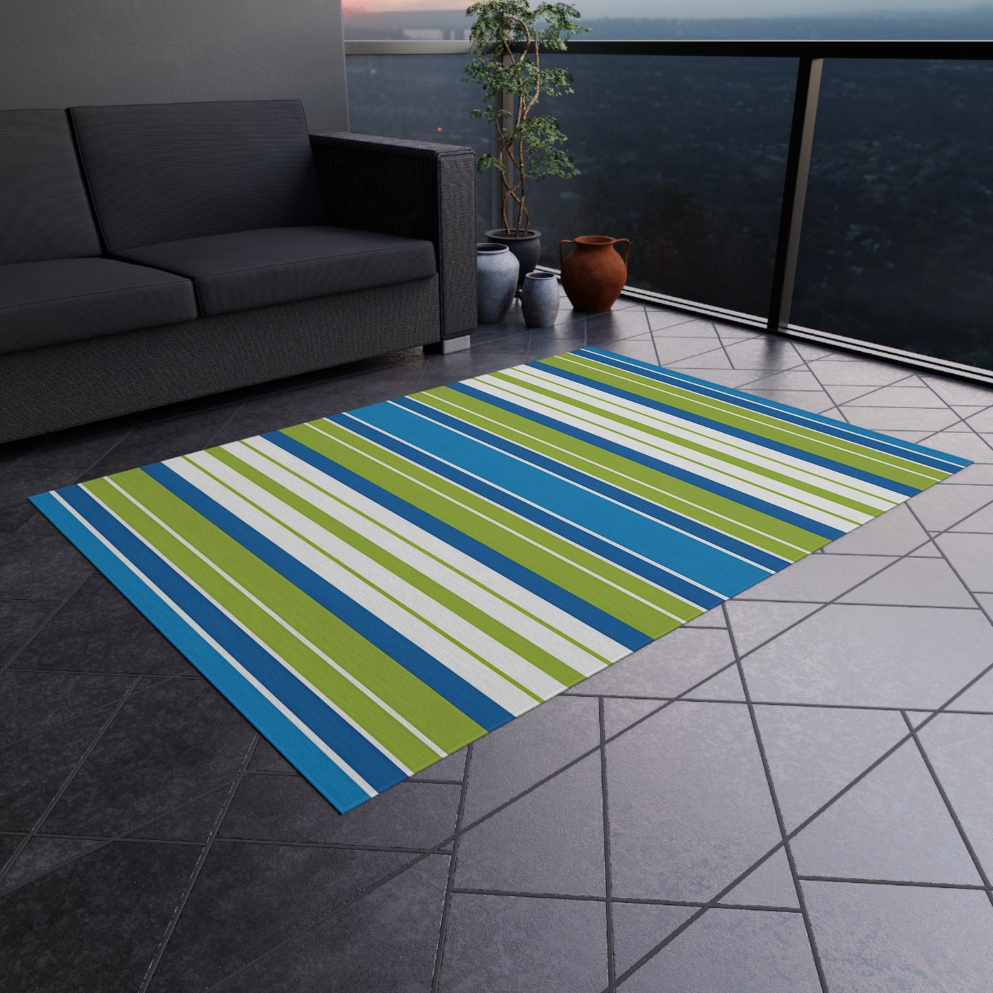 Blue Green Striped Outdoor/Indoor Rug | Patio Mat