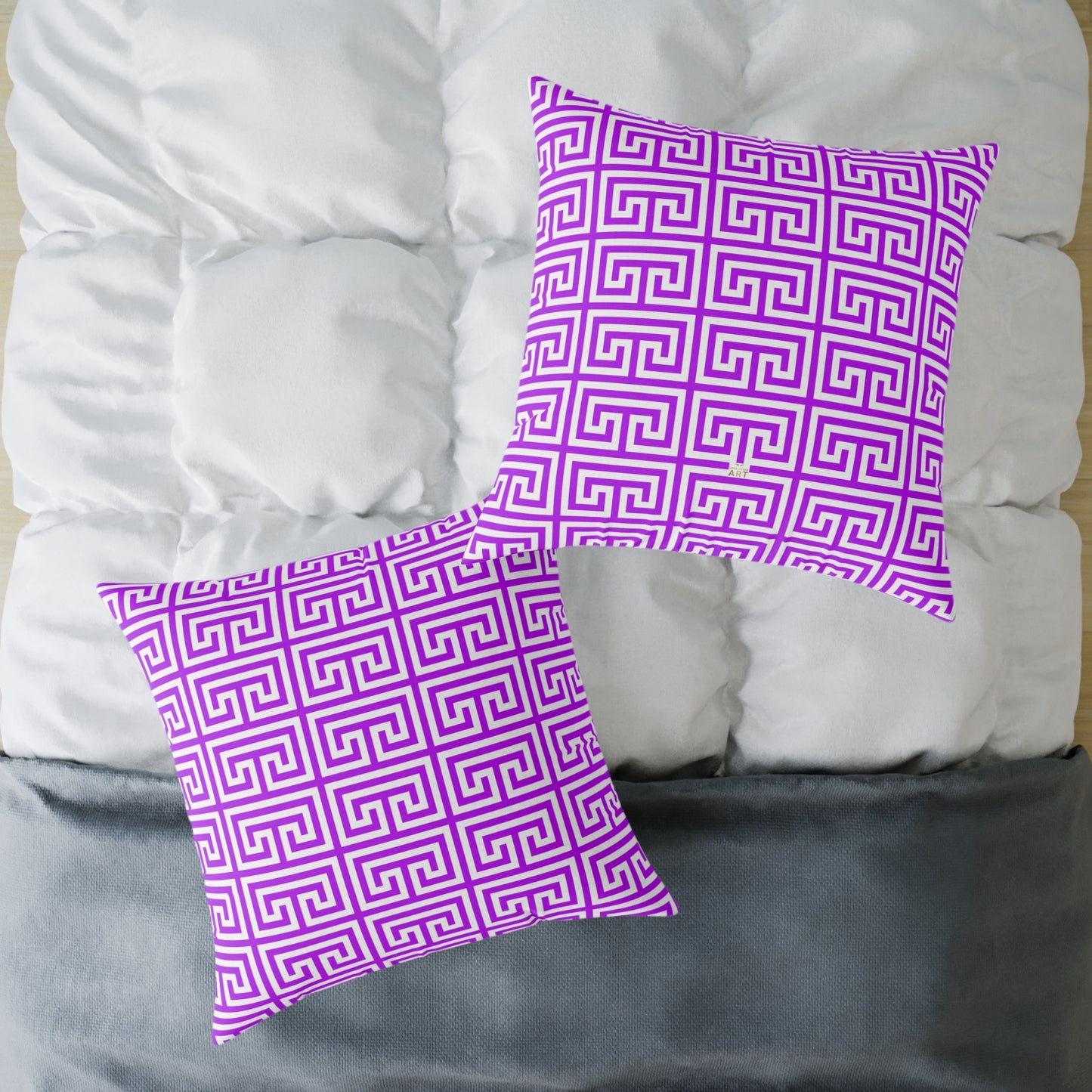 Geometric Purple White Greek Key Pattern Pillow | Square Poly Canvas Pillow