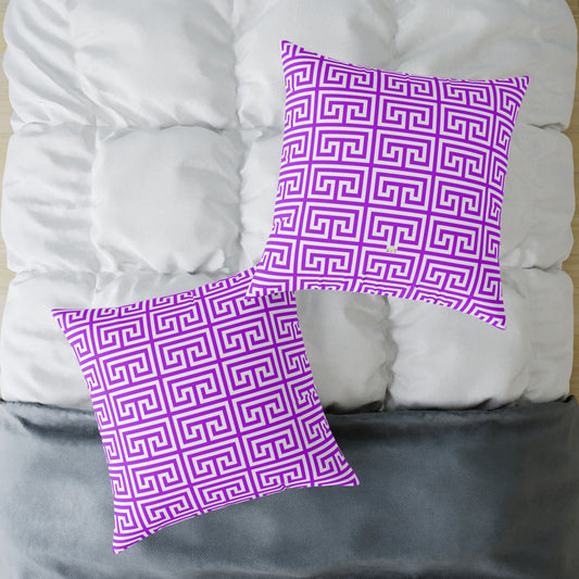 Geometric Purple White Greek Key Pattern Pillow | Square Poly Canvas Pillow