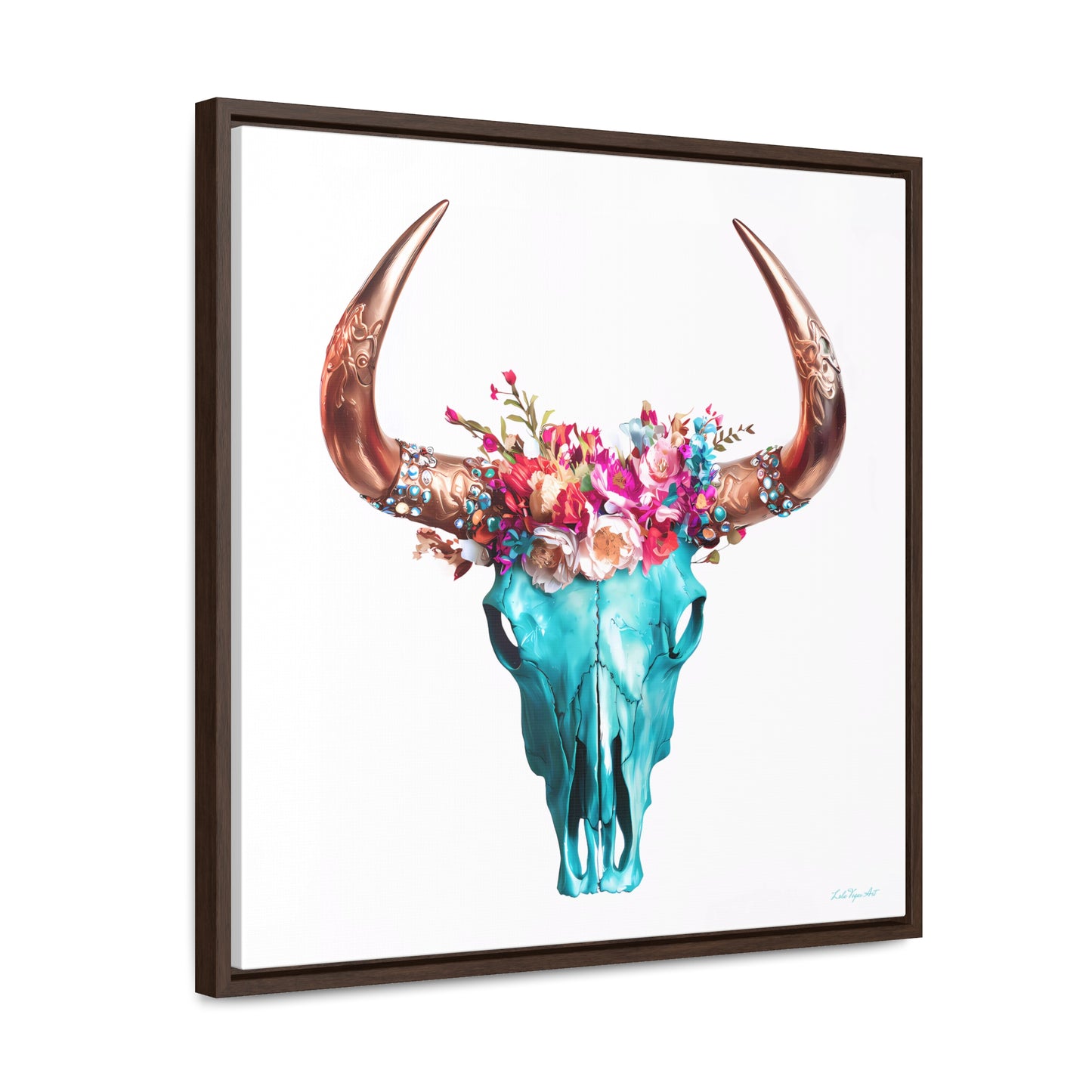 Boho Turquoise Skull Head Square Frame Gallery Canvas Wrap Wall Art, Eclectic Native American Chic, Hippie Floral Horns Decor, Southwest