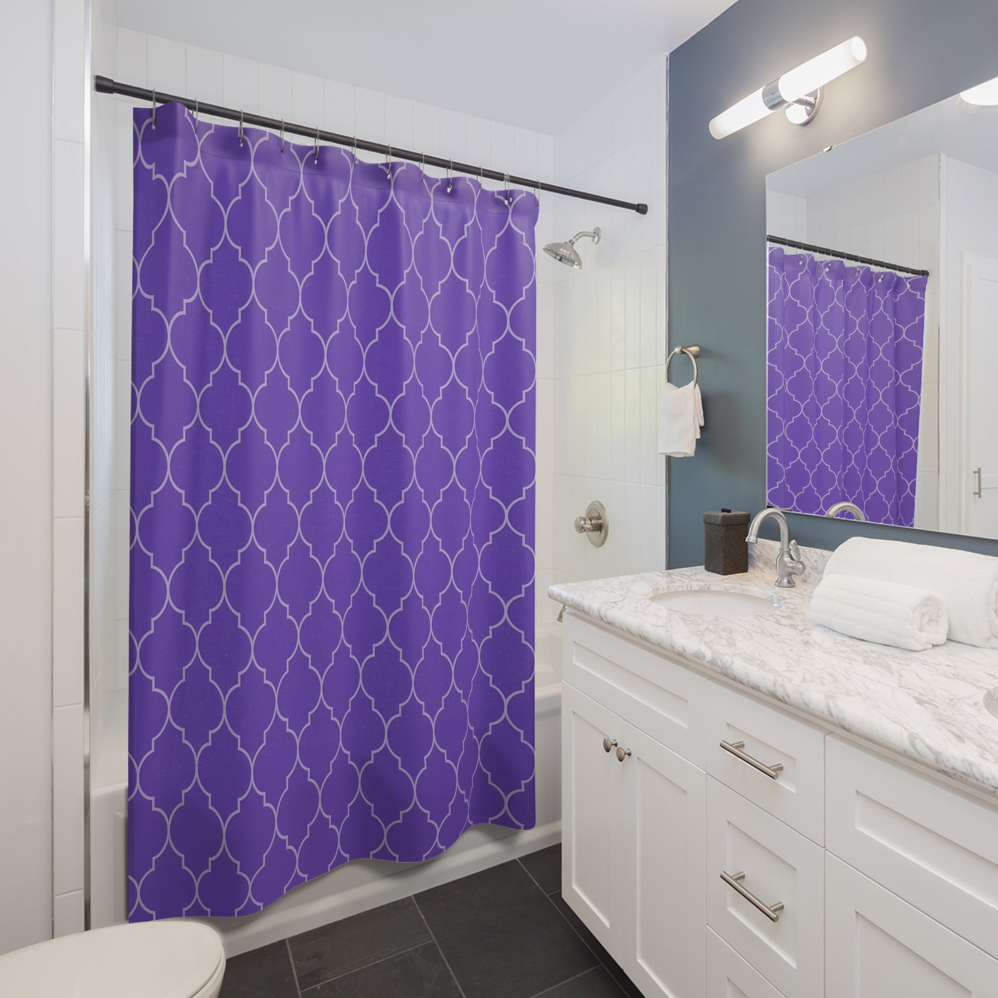 Modern Geometric Shower Curtain - Purple Quatrefoil Pattern, Bathroom Decor, Home Essentials, Stylish Bathing, Gift Ideas, Ethnic Bathroom - LOLA VEGAS ART