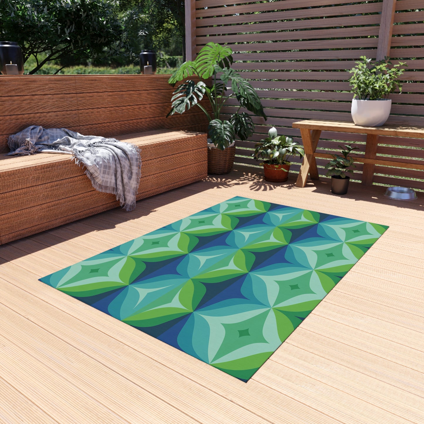 Geometric Leaf Pattern Outdoor/Indoor Rug | Blue Green Patio Mat