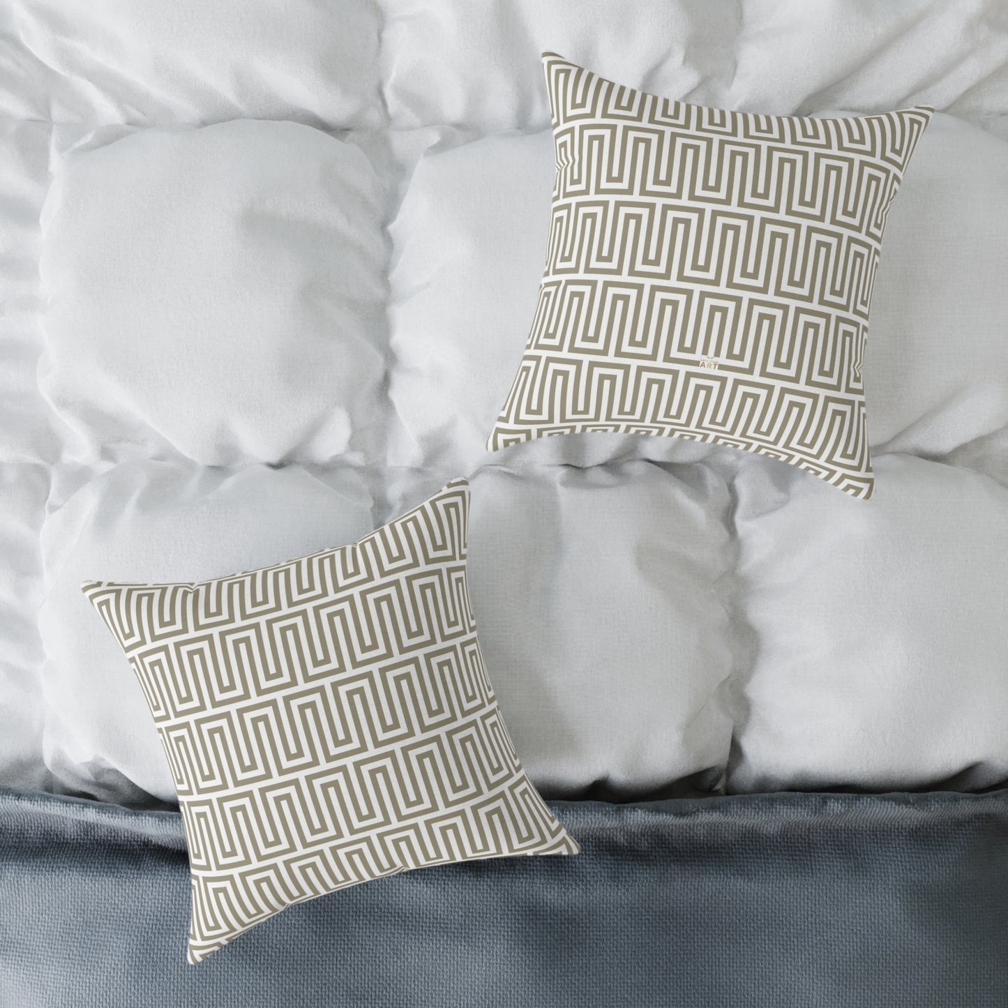 Tan White Greek Key Geometric Pattern Pillow | Square Poly Canvas Throw Pillow