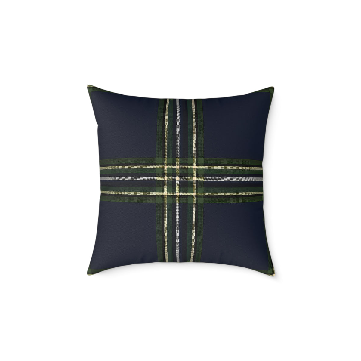 Green Navy Black Beige White Plaid Throw Pillow | Square Poly Canvas Pillow