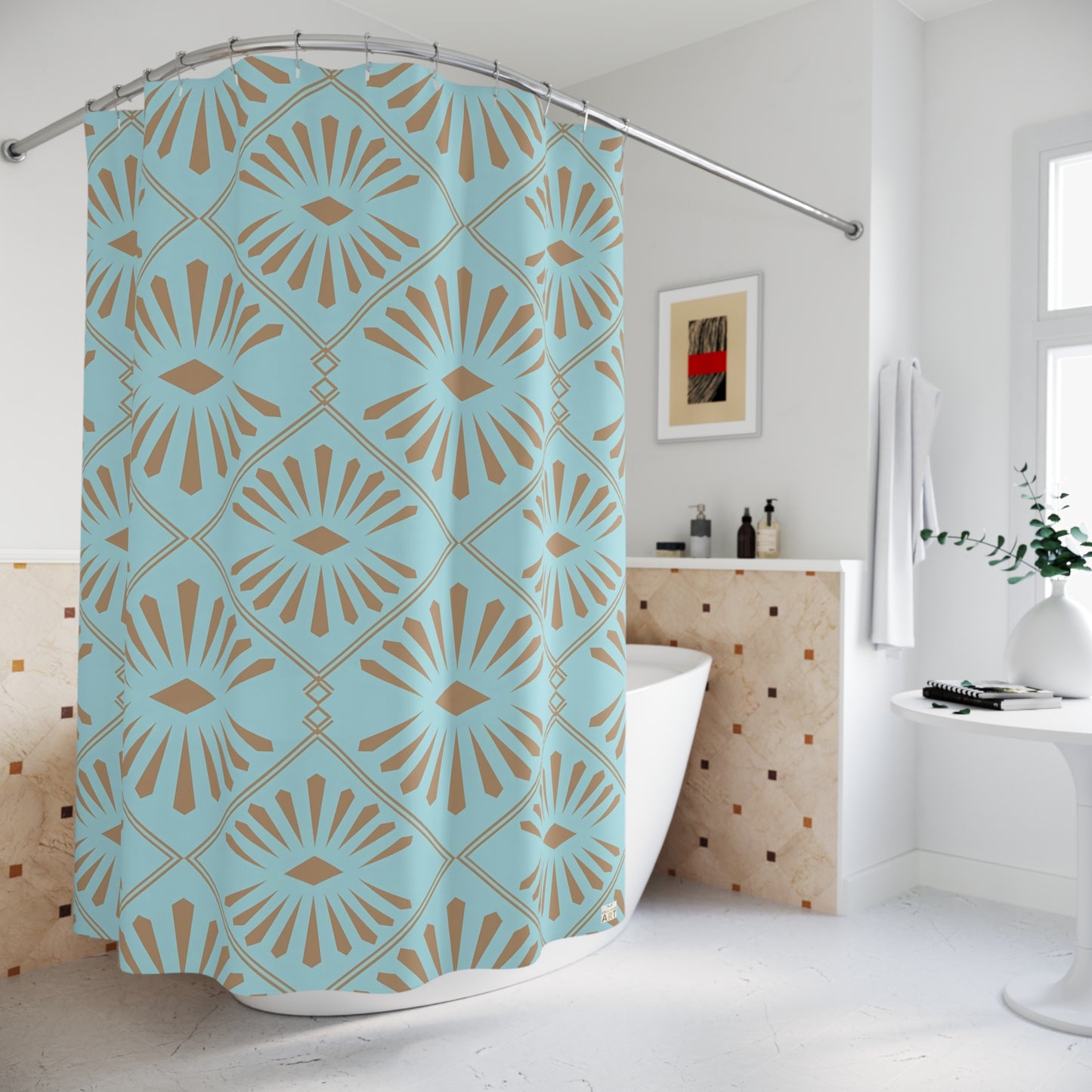 Turquoise Geometric Sunburst Shower Curtain | Retro Tile Pattern