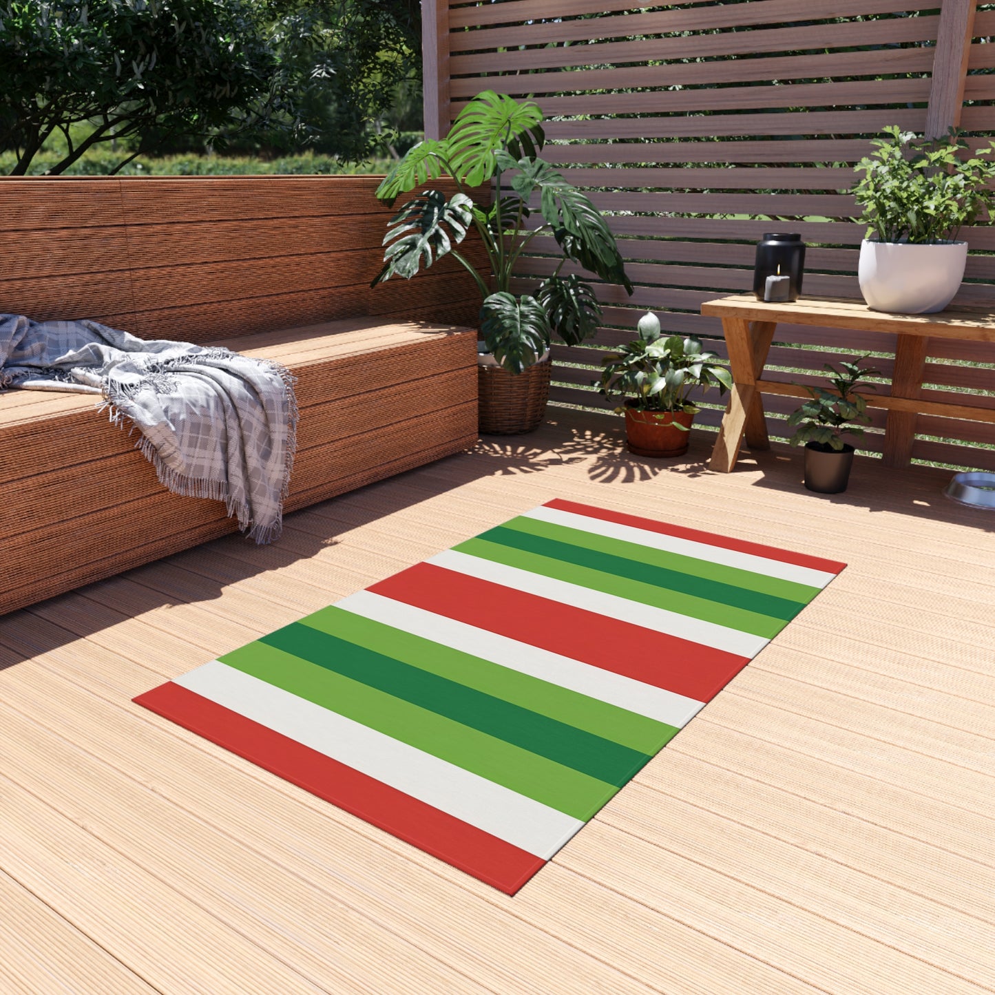 Red White Green Stripe Outdoor Rug | Patio Deck Mat