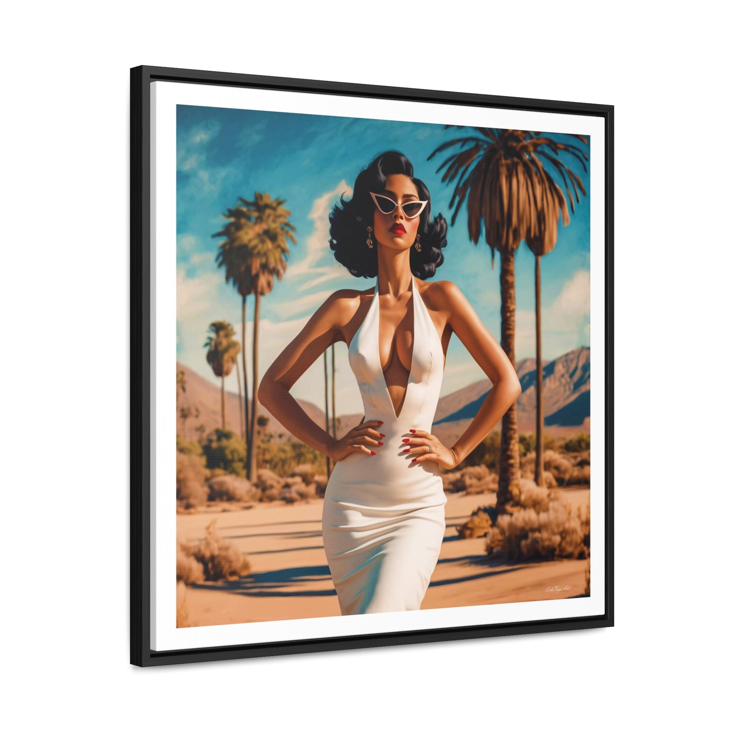 Square Frame Canvas Wall Art, Retro Glamorous Woman in Palm Springs Desert, Square Frame Wall Decor, Gallery Canvas Wraps, Palm Trees Art