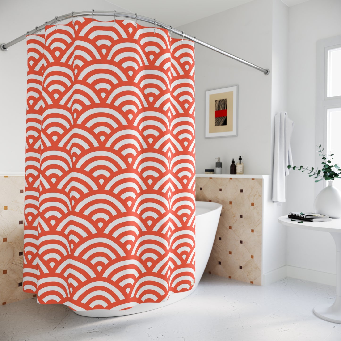 Orange Scallop Wave Pattern Shower Curtain | Japanese Seigaiha Style