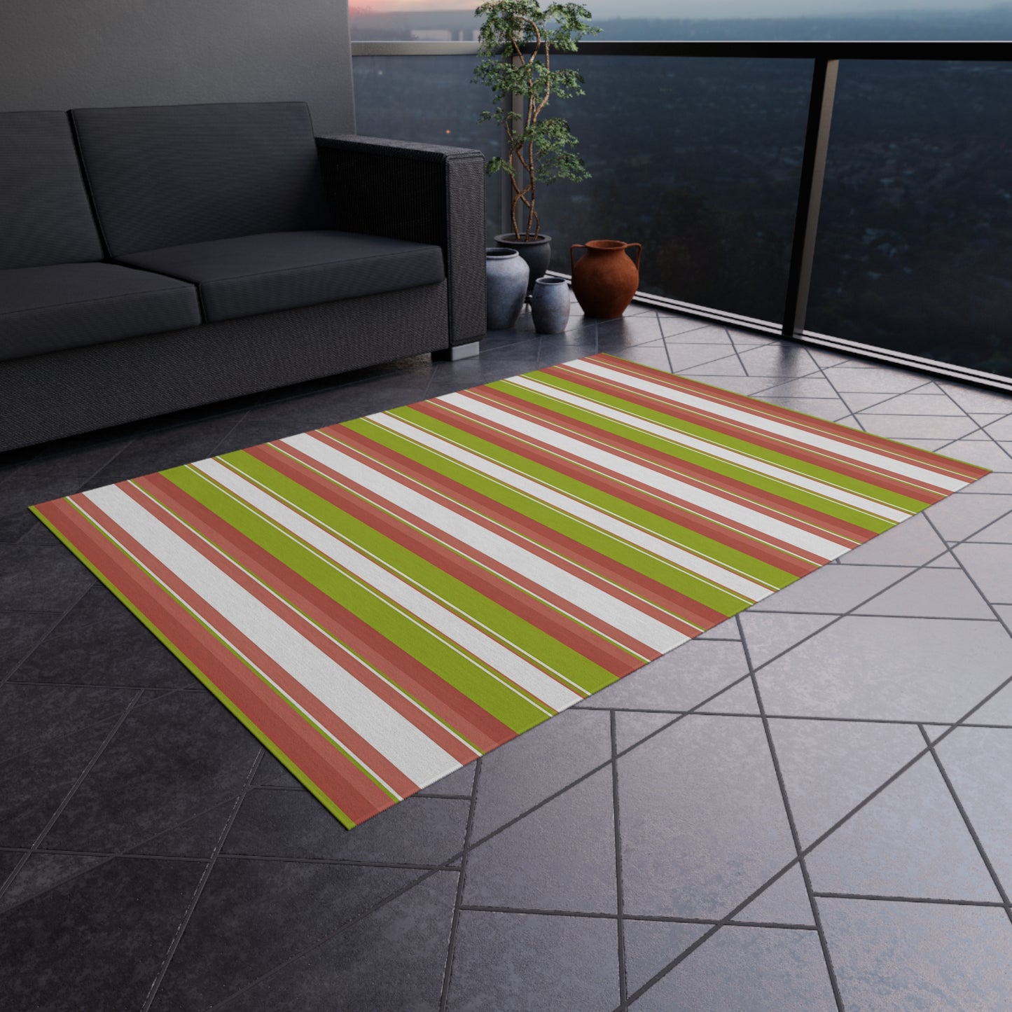 Green Red White Stripe Outdoor/Indoor Rug | Patio Deck Mat, Weatherproof Striped Rug