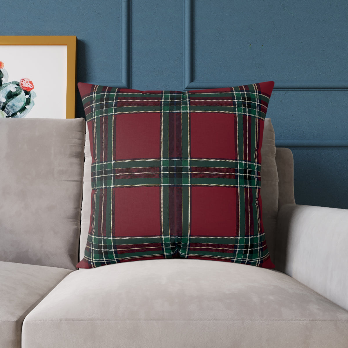 Red Green Purple White Beige Tartan Plaid Square Pillow | Holiday Cabin Decor
