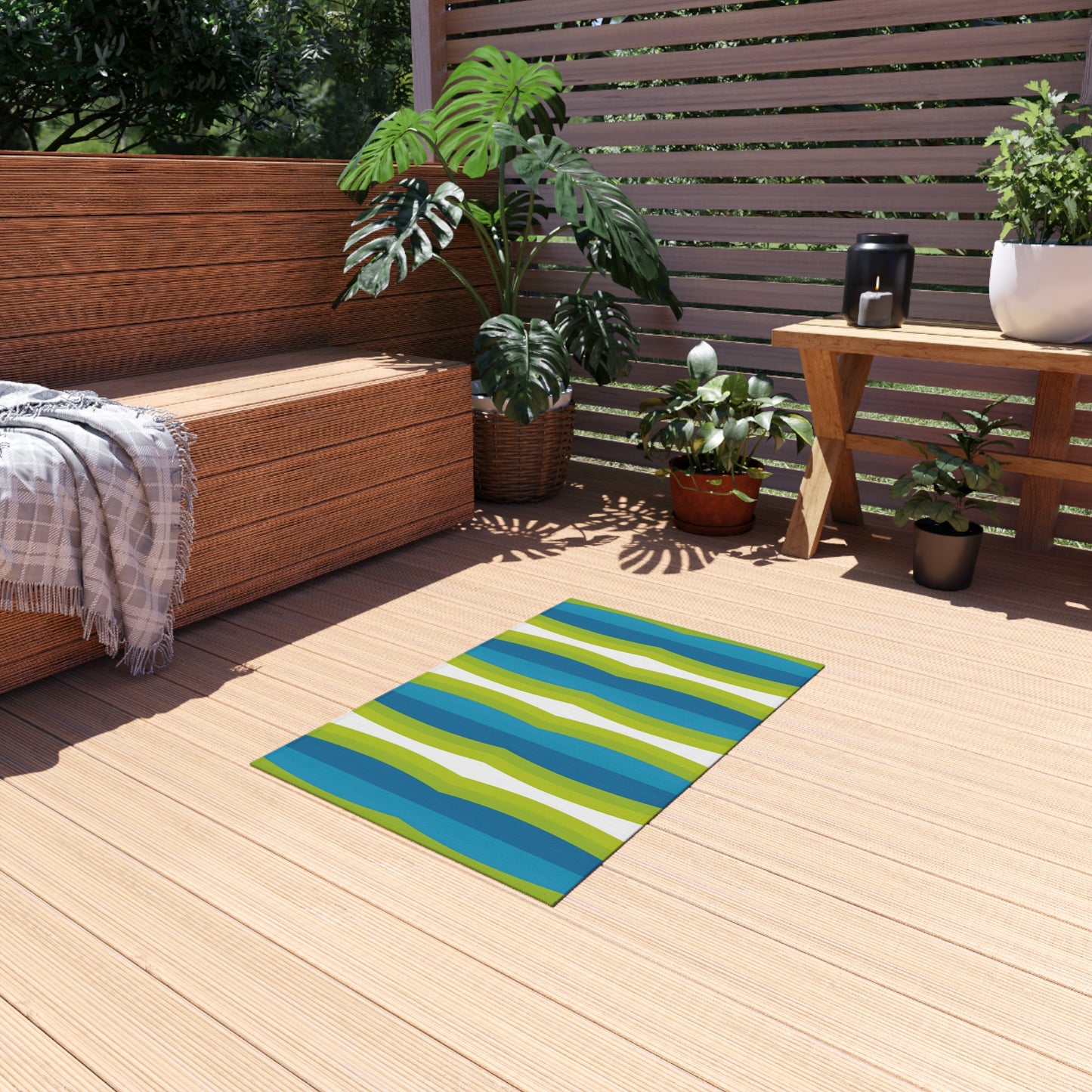 Blue Green White Wave Stripe Outdoor Rug | Patio Mat