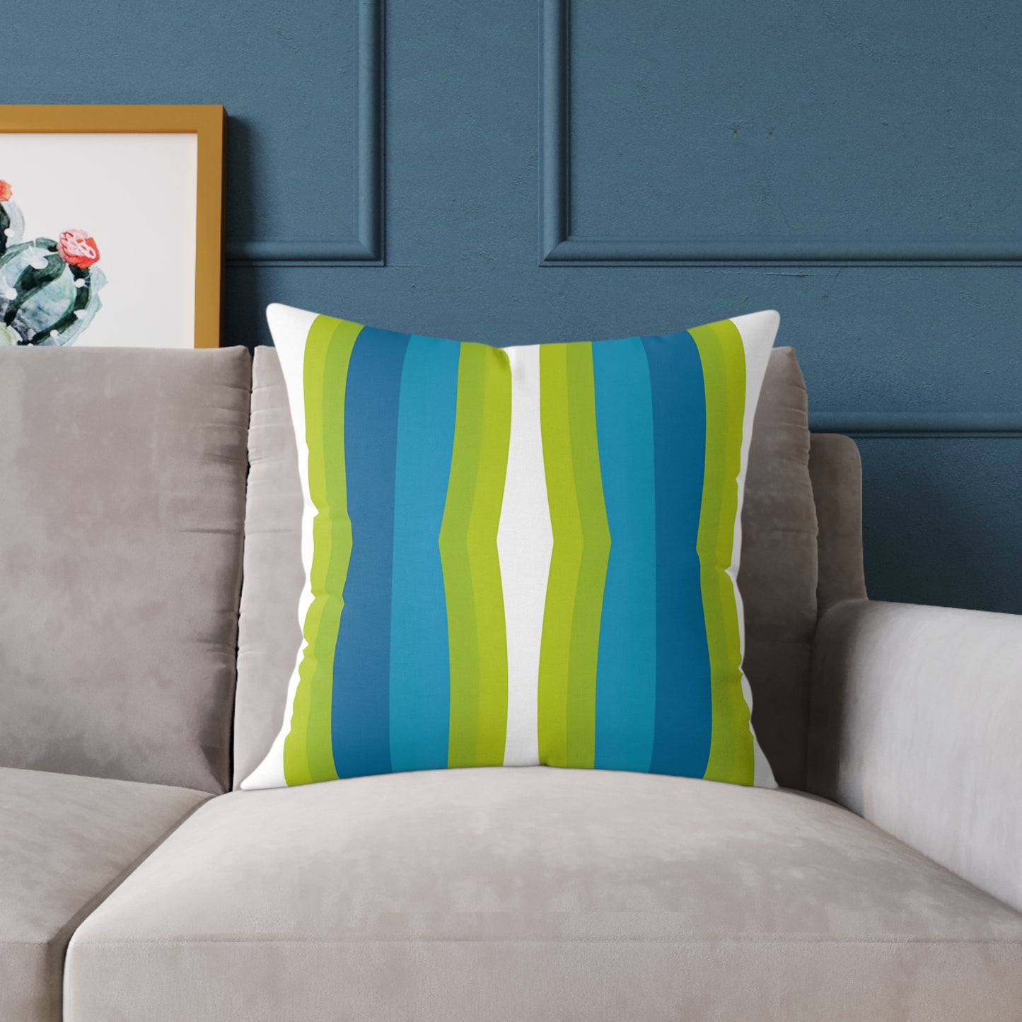 Blue Green Striped Wave Square Poly Canvas Pillow | Modern Geometric Throw Pillow