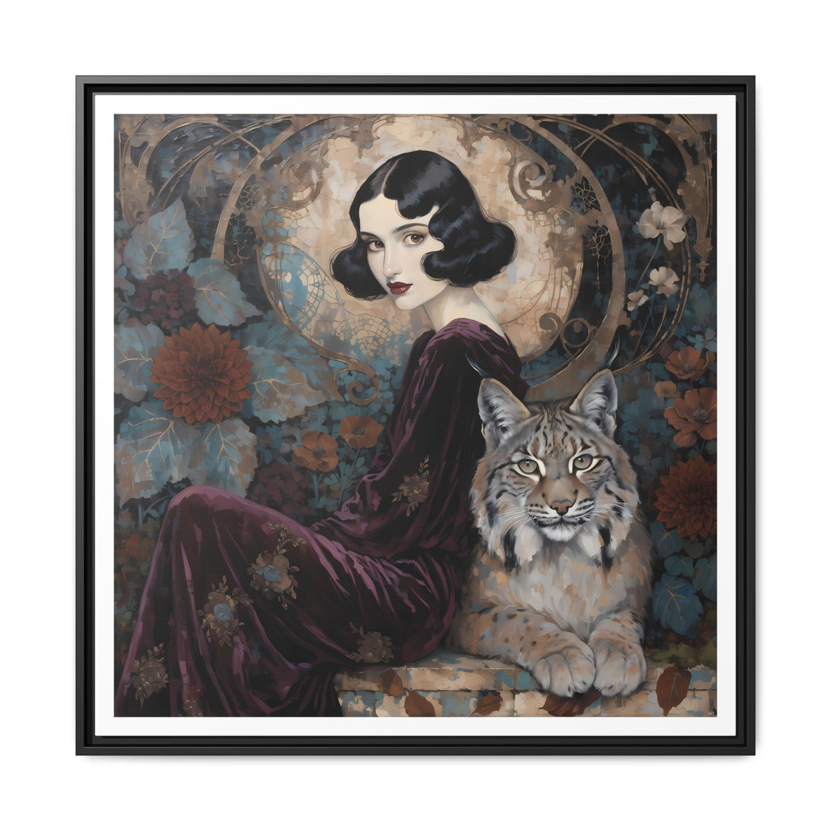 Vintage Flapper Woman with Lynx Matte Canvas Framed