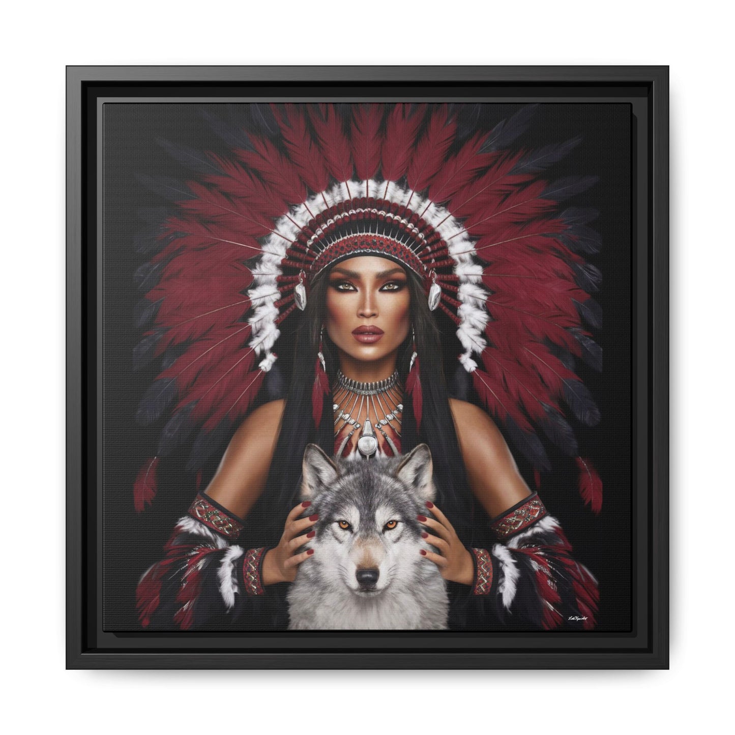 Canvas Wall Art, Native American Woman with White Wolf, Southwestern Home Decor, Square Framed Print, Multi-color, Burgundy Black Feather