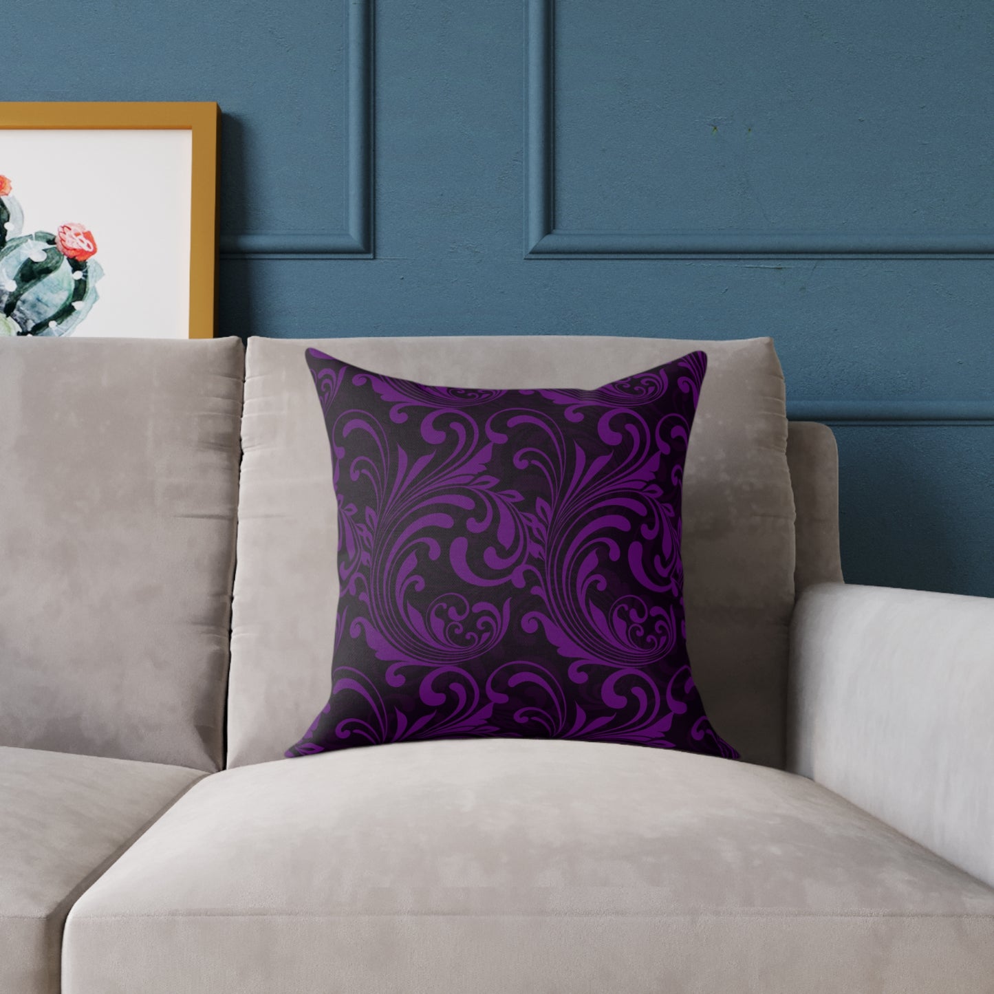 Purple Black Baroque Scroll Pillow | Square Throw Pillow, Dark Floral Damask