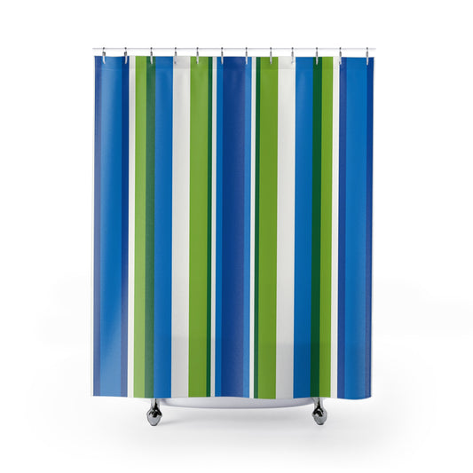 Blue Green Striped Shower Curtain | Coastal Bathroom Stripe Pattern