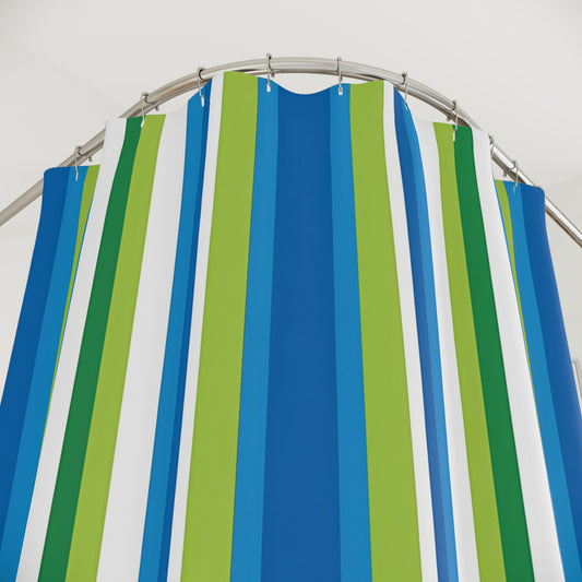 Blue Green Vertical Stripes Shower Curtain | Coastal Bathroom Curtain