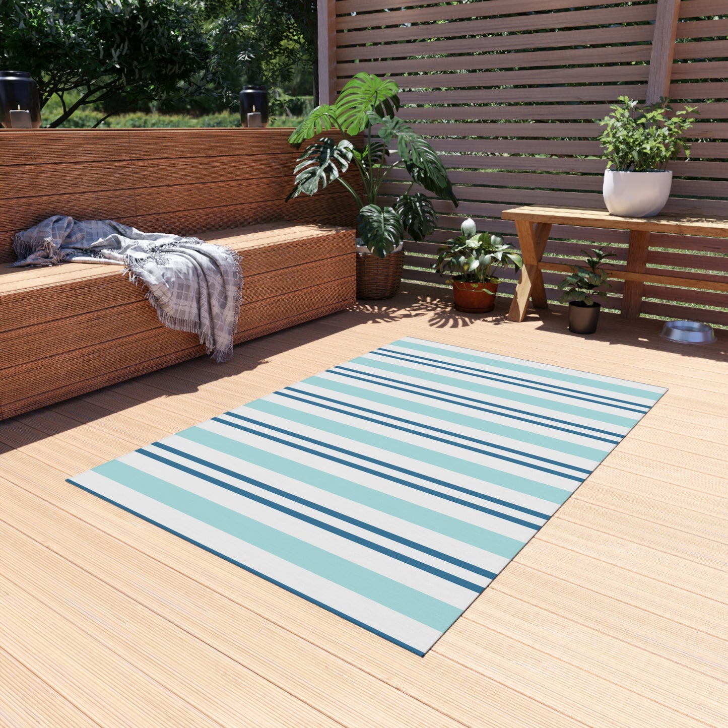 Blue White Striped Coastal Pattern Outdoor Rug | Patio Mat