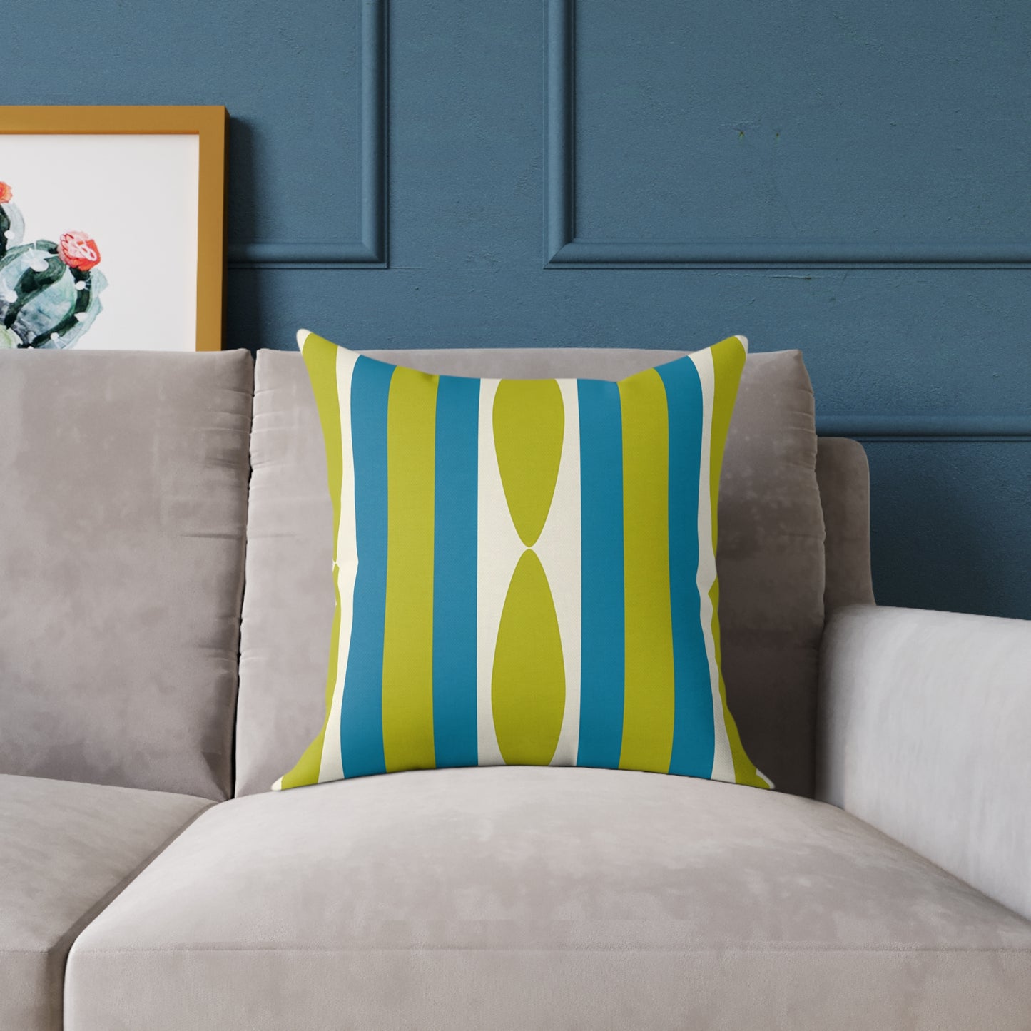 Mid Century Modern Stripe Pillow | Green and Cerulean Blue Geometric Retro Pattern