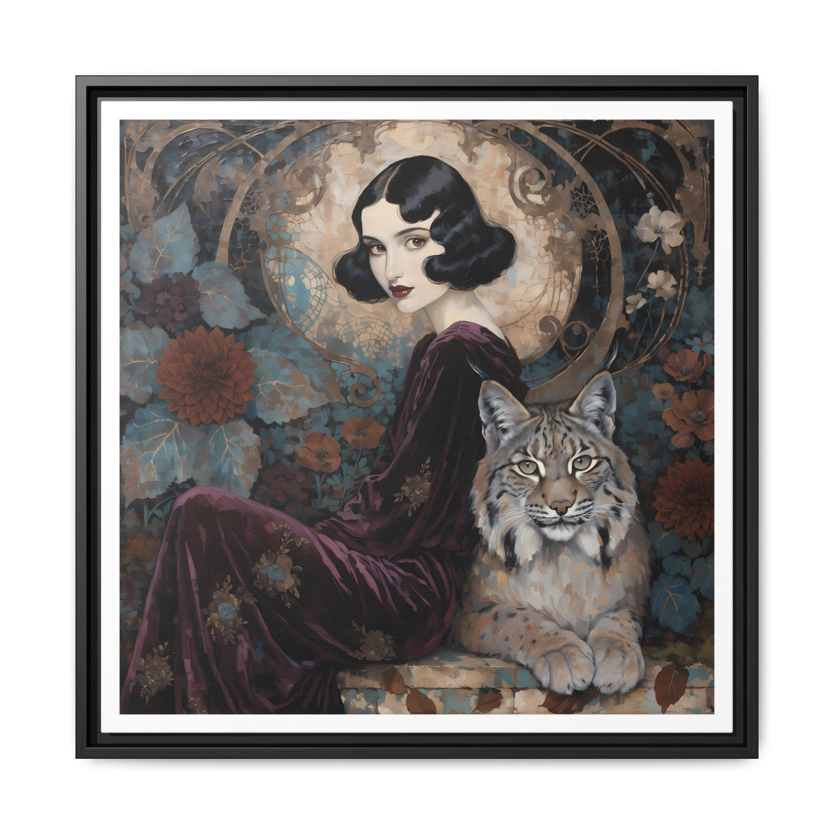 Vintage Flapper Woman with Lynx Matte Canvas Framed