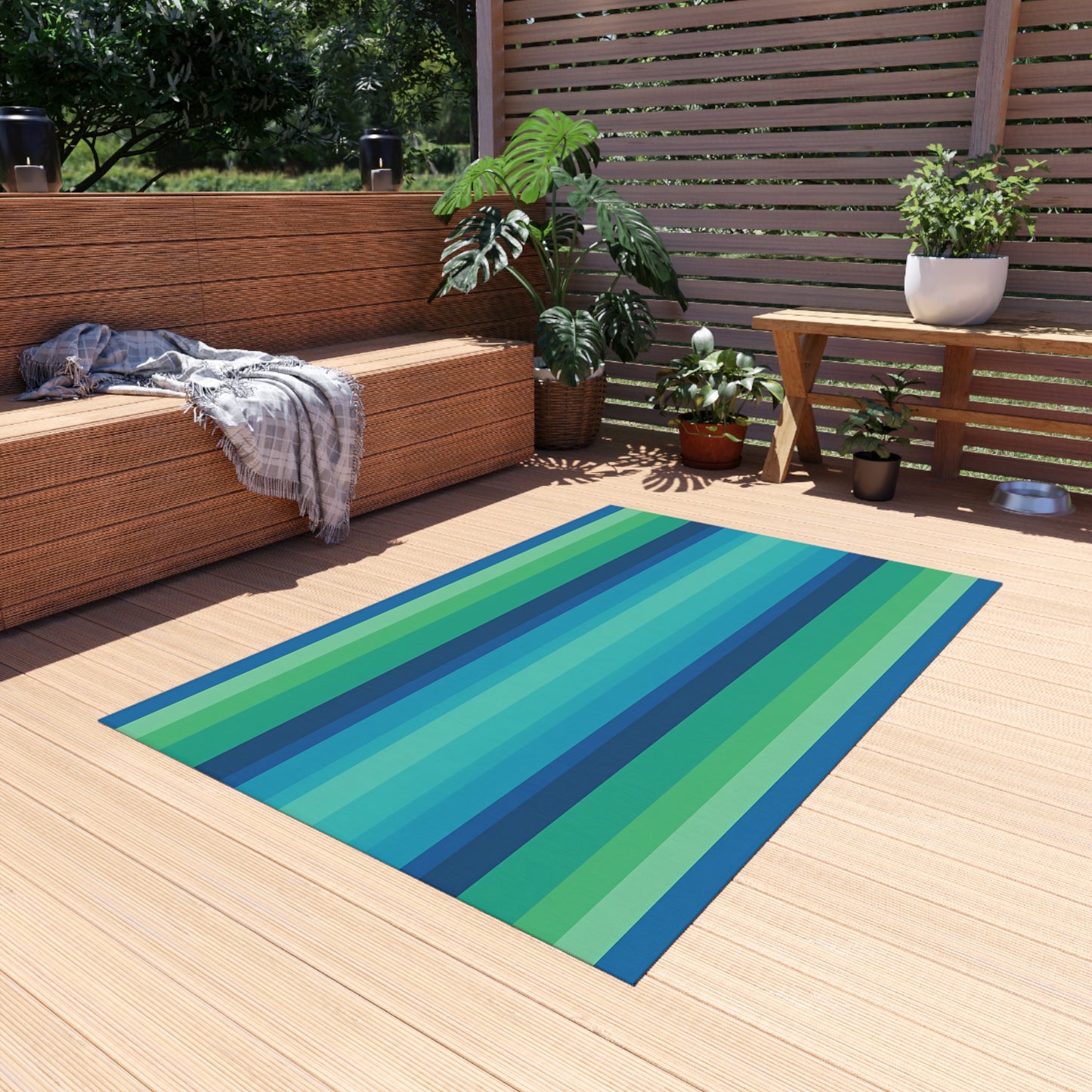 Blue Green Striped Outdoor/Indoor Rug | Patio Mat, Weather-Resistant Floor Covering