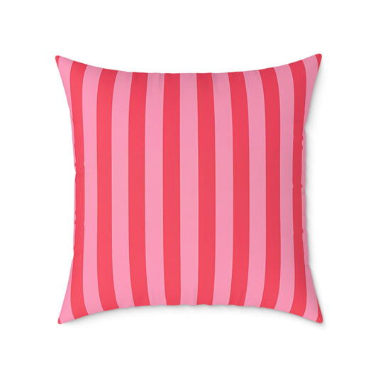 Light Pink and Watermelon Pink Vertical Stripes Pillow | Square Poly Canvas Pillow