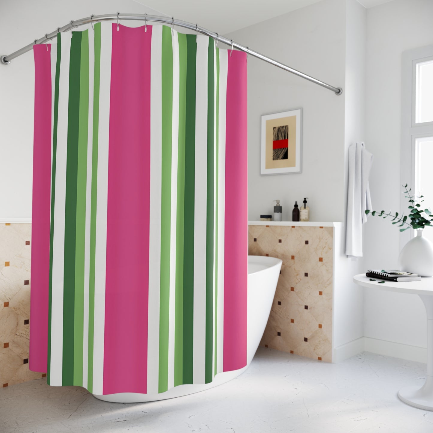 Pink and Green Striped Shower Curtain | Vertical Holiday Stripe Bathroom Decor