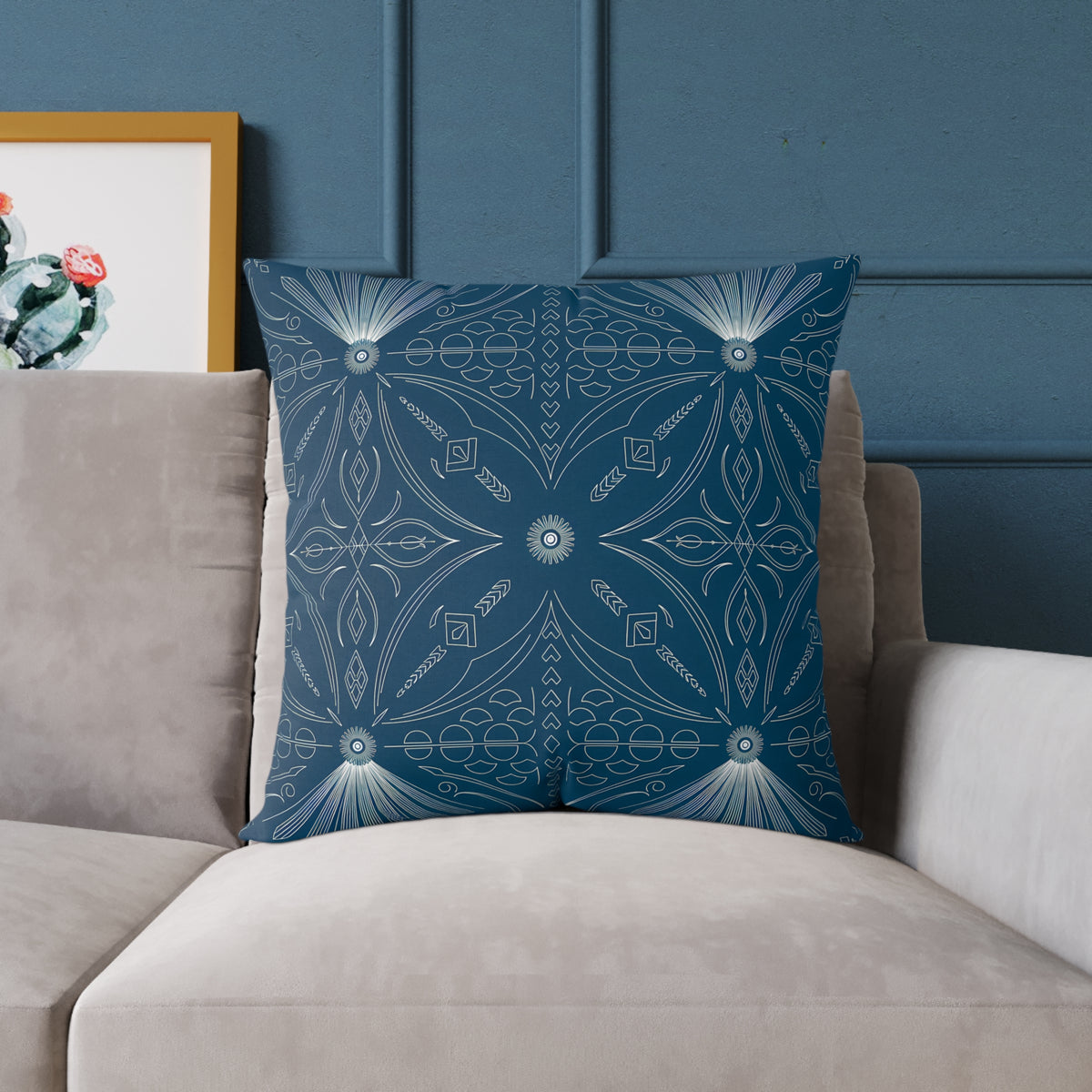 Cerulean White Geometric Mandala Square Poly Canvas Pillow | Boho Tile Pattern