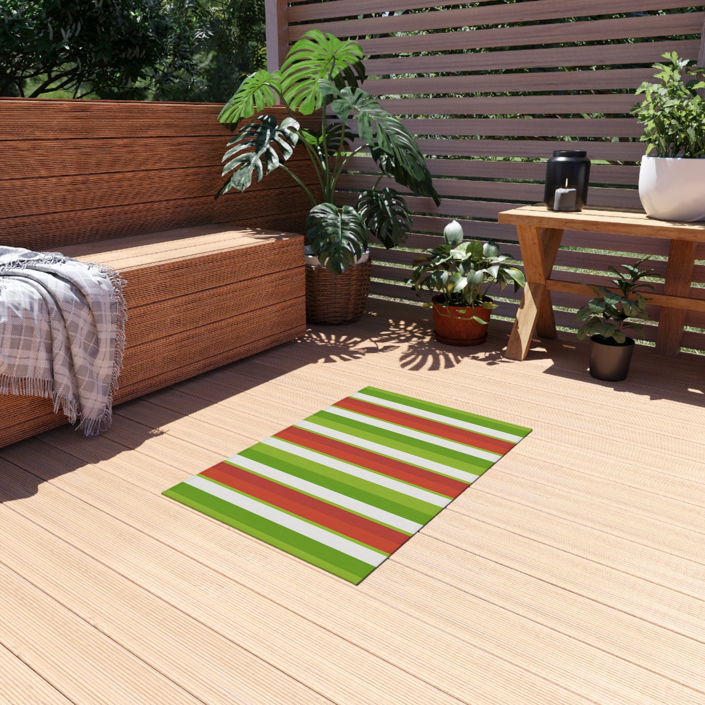 Green Orange Red White Stripe Outdoor/Indoor Rug | Patio Mat, Weatherproof Porch Rug
