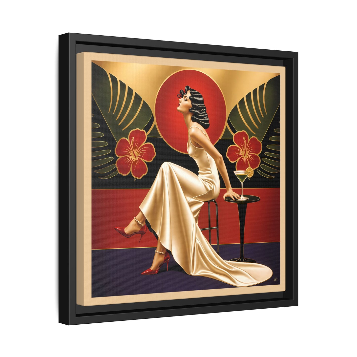 Art Deco Lady Red Green Beige Tropical Canvas Framed Wall Art | Matte Print
