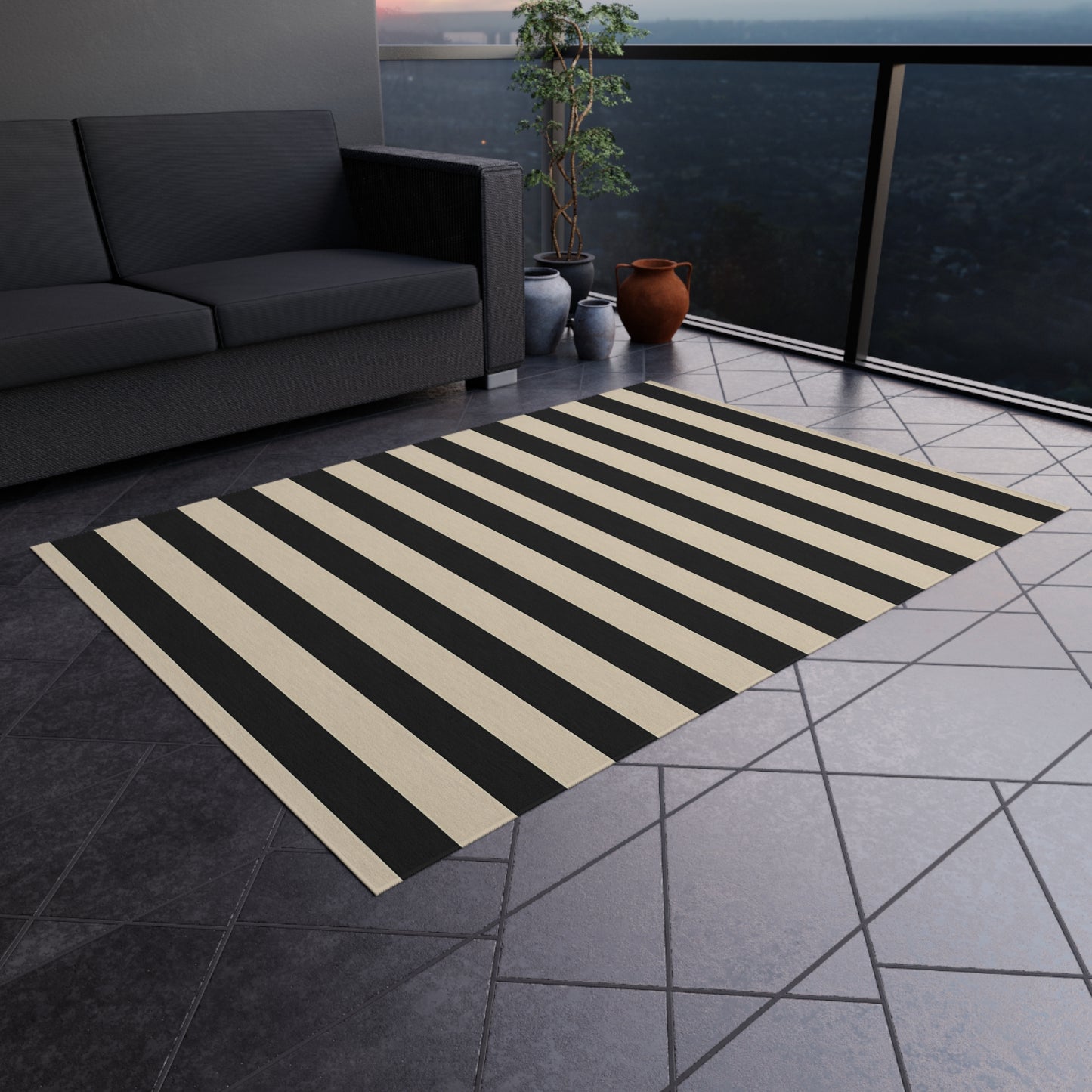 Black and Natural Striped Outdoor/Indoor Rug | Patio Floor Mat