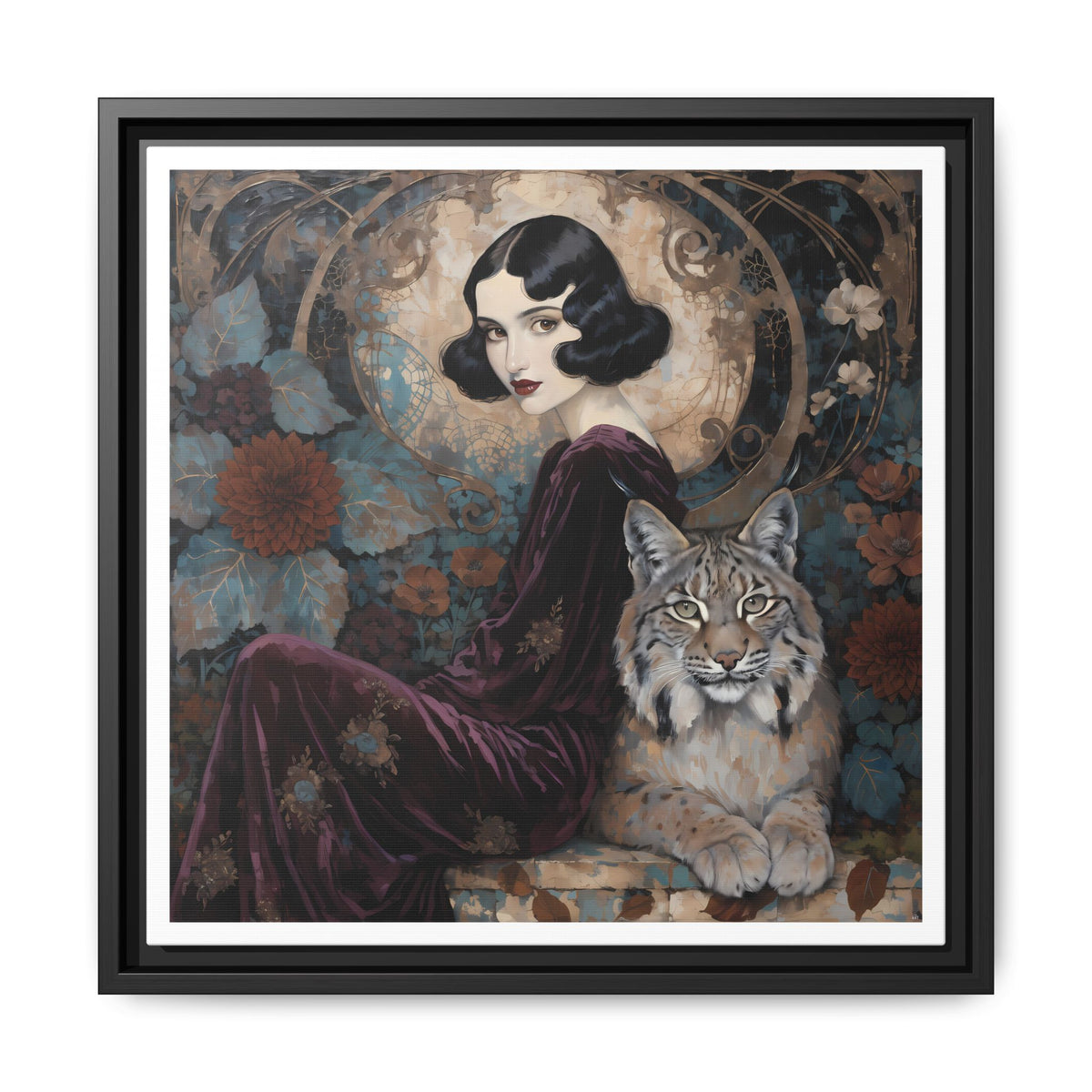 Vintage Flapper Woman with Lynx Matte Canvas Framed
