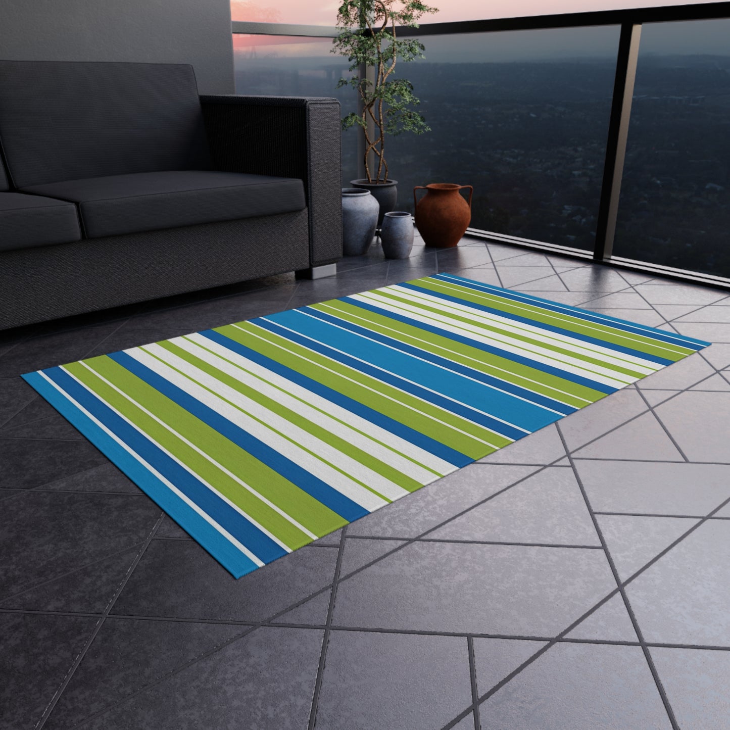 Blue Green Striped Outdoor/Indoor Rug | Patio Mat