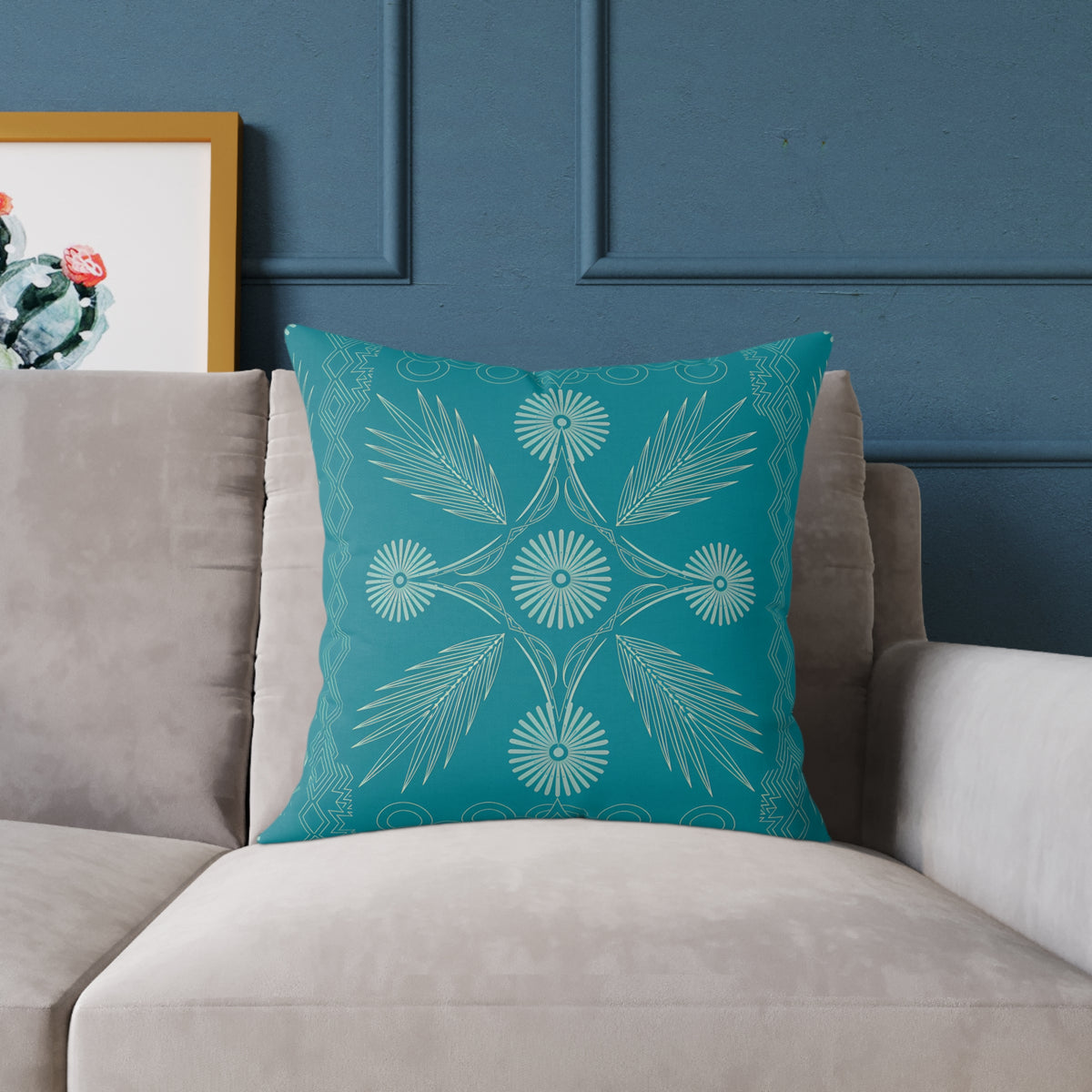Teal Botanical Mandala Square Pillow | Poly Canvas Decorative Pillow