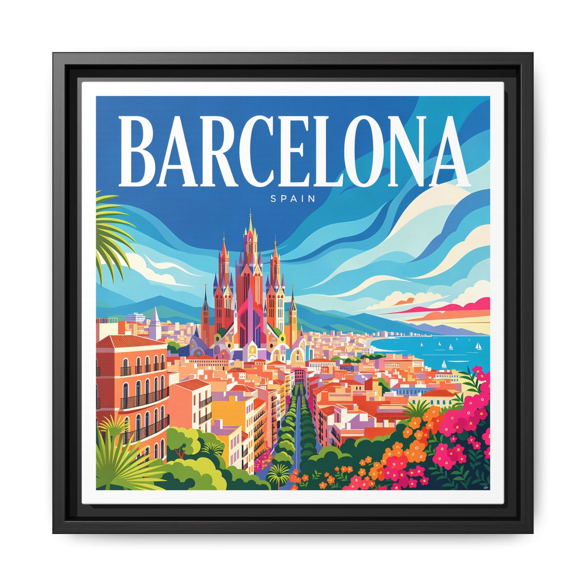 Barcelona Skyline Canvas Framed | Matte Wall Art