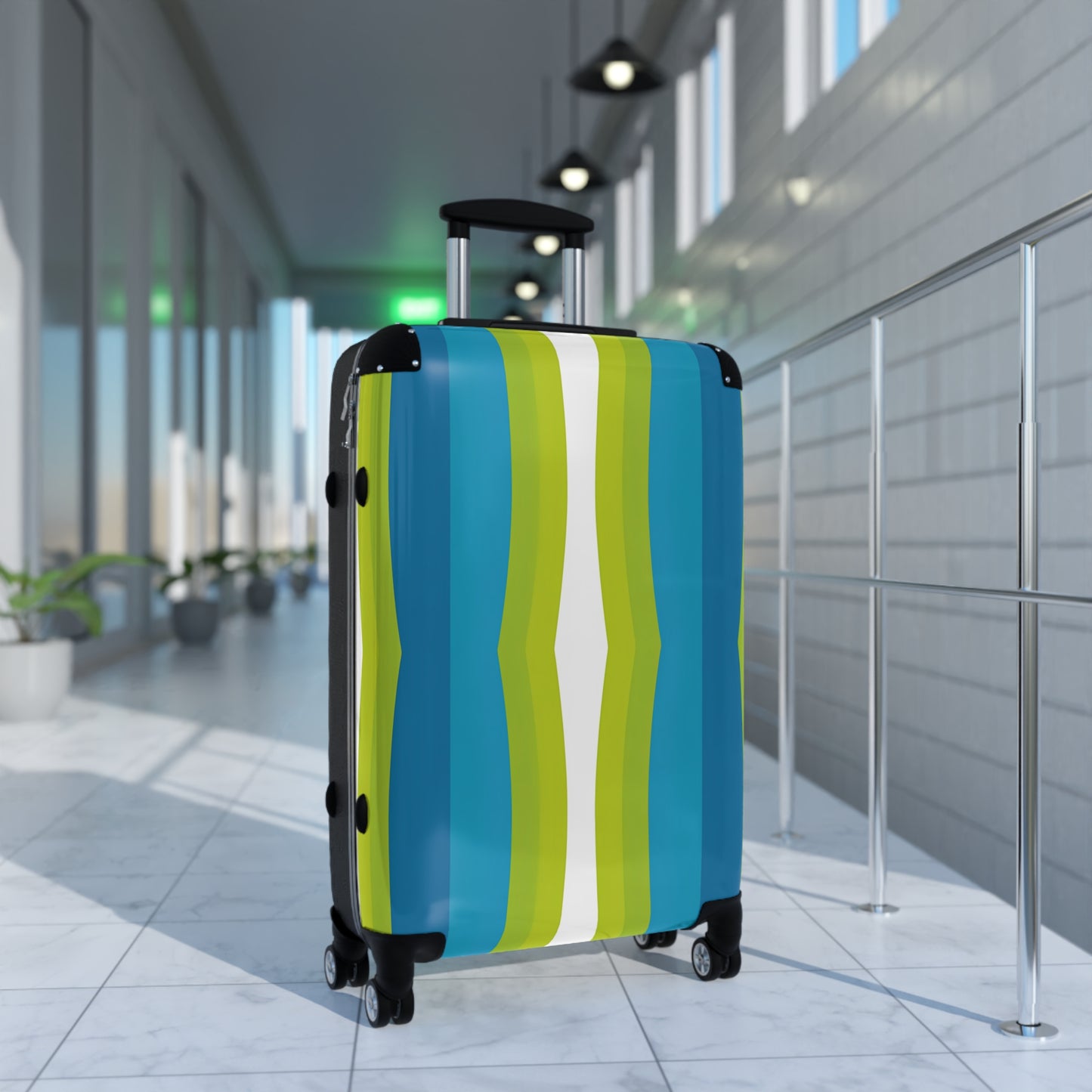 Blue Green Wave Stripe Suitcase | Travel Luggage