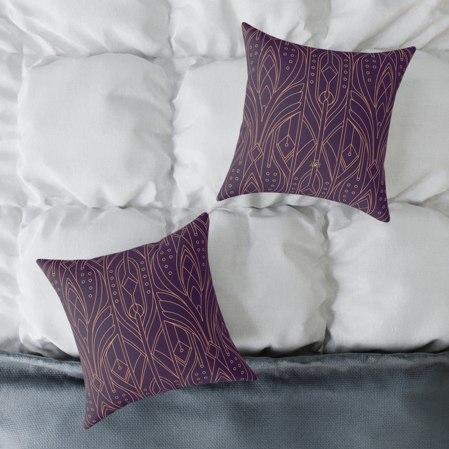 Art Deco Geometric Pattern Square Pillow | Purple Copper