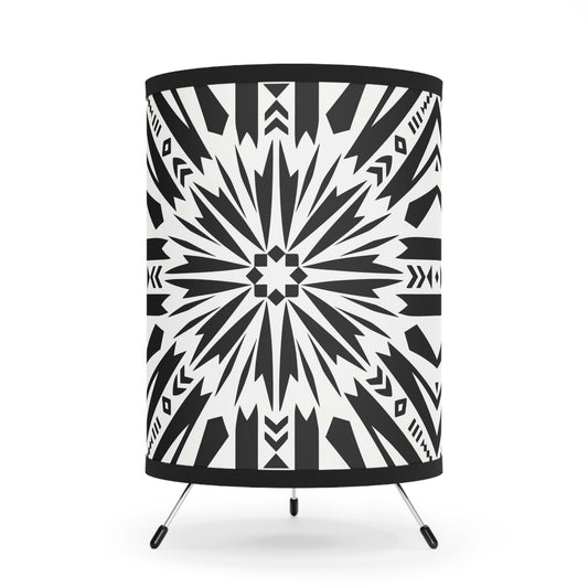 Black and White Modern Tribal Tripod Lamp with Bold High-Res Print, Boho Decor, Living Room Accent, Unique Lighting - LOLA VEGAS ART