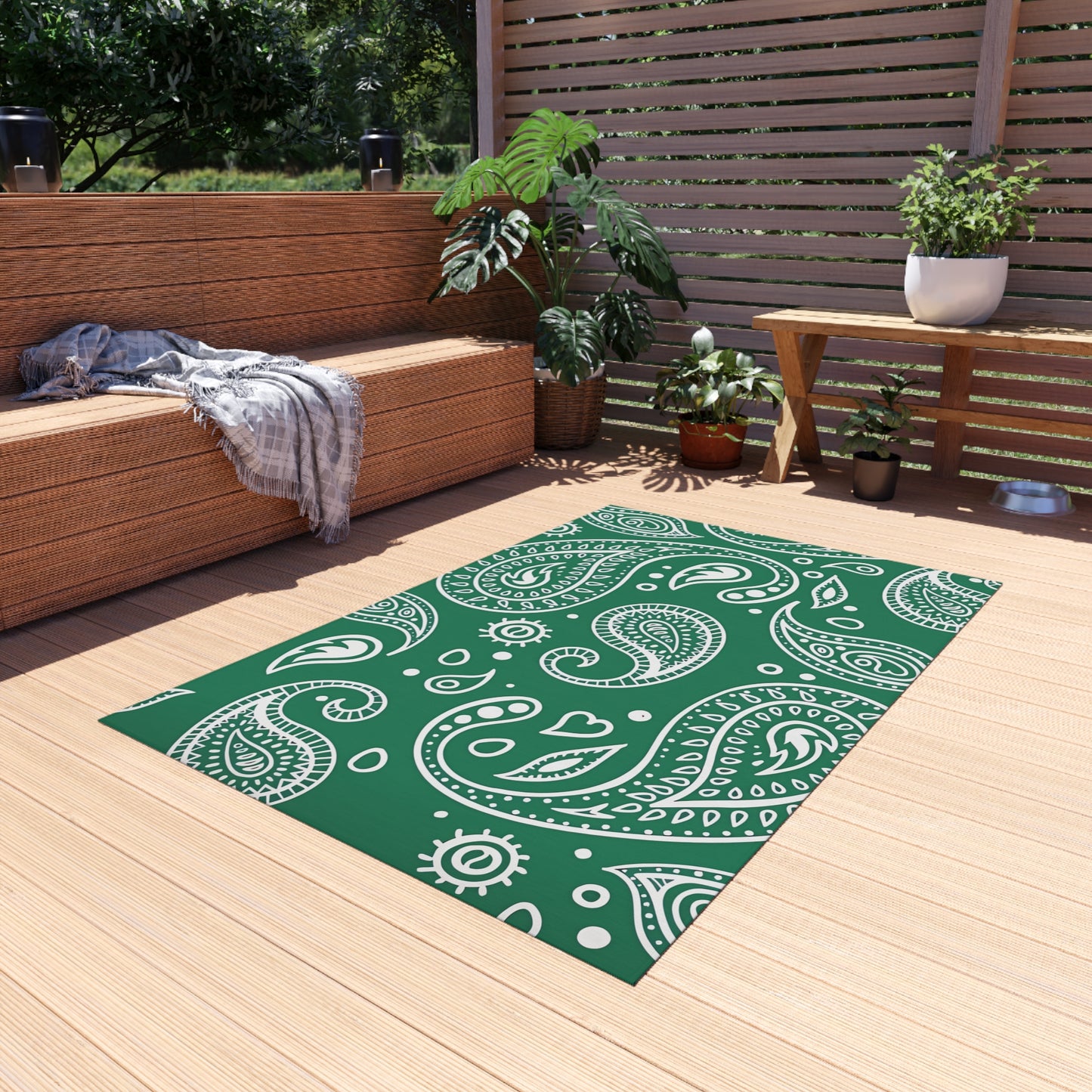 Green Paisley Pattern Outdoor/Indoor Rug | Waterproof Patio Mat